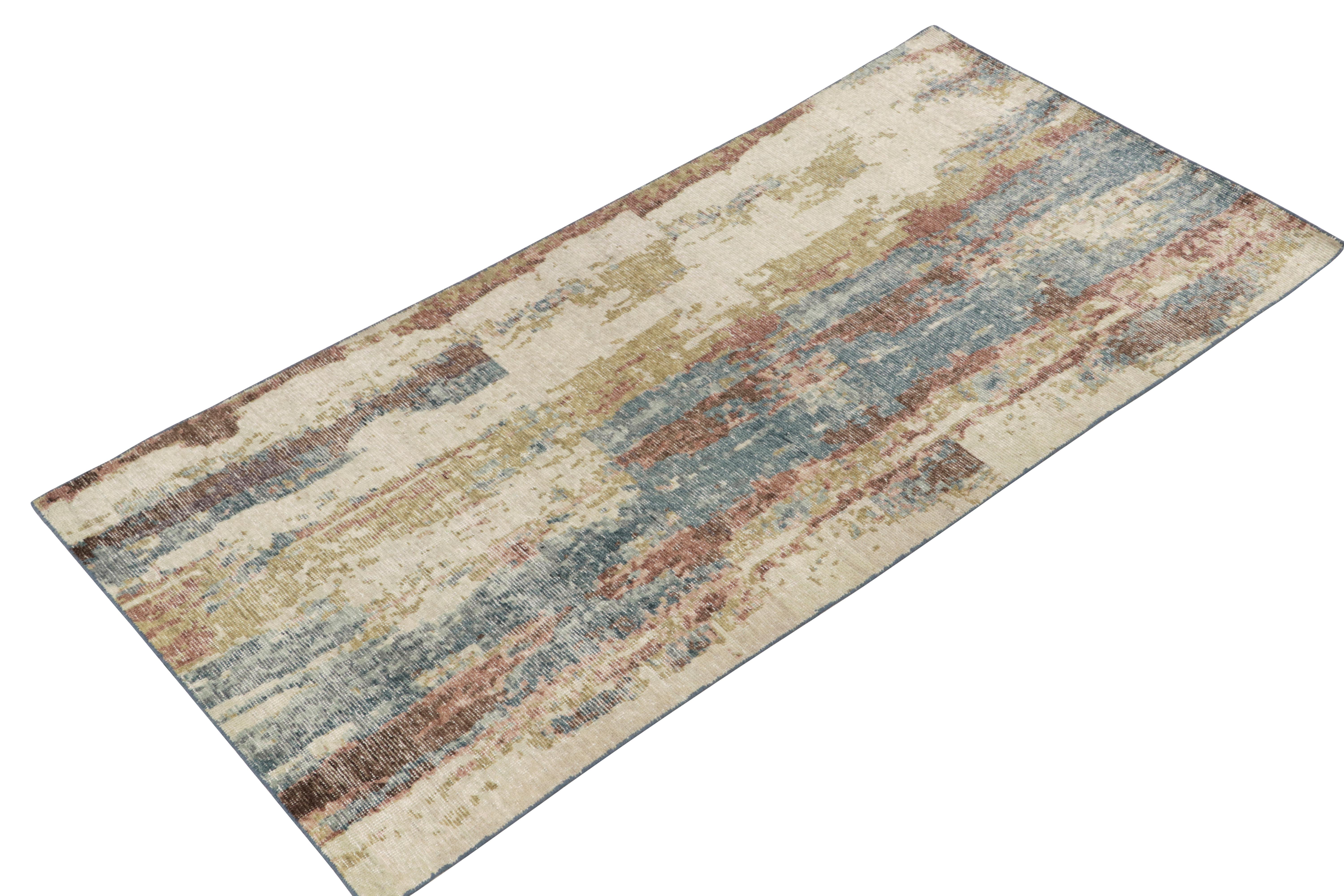 Modern Rug & Kilim's Distressed Style Abstract Rug in White, Blue, Beige-Brown Pattern For Sale