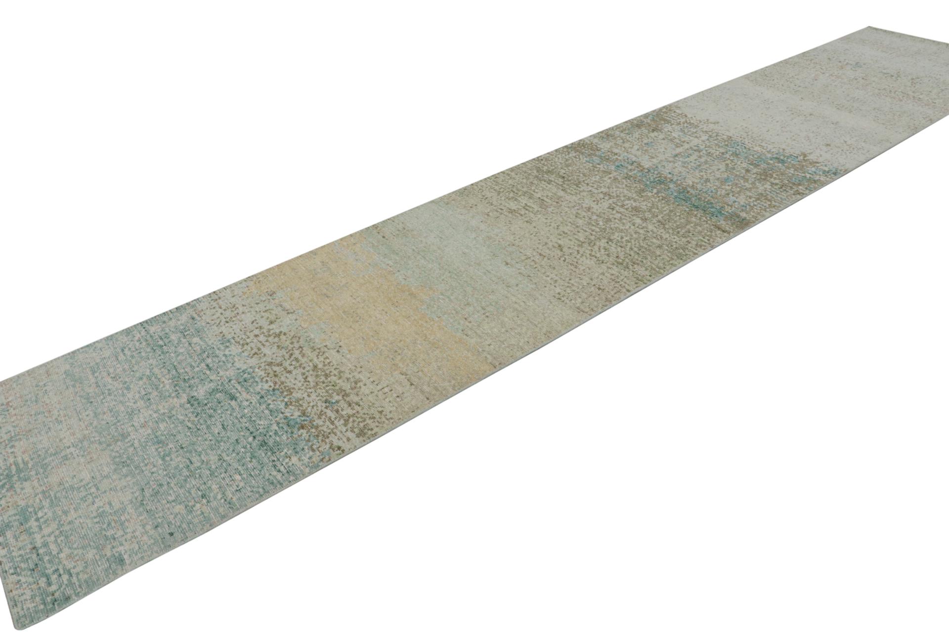 This 3x16 runner rug is from the Homage Collection by Rug & Kilim—made with hand-knotted wool in a modern take on distressed textural style.

On the Design: 

This abstract rug explores a painterly style, almost like that of watercolors and