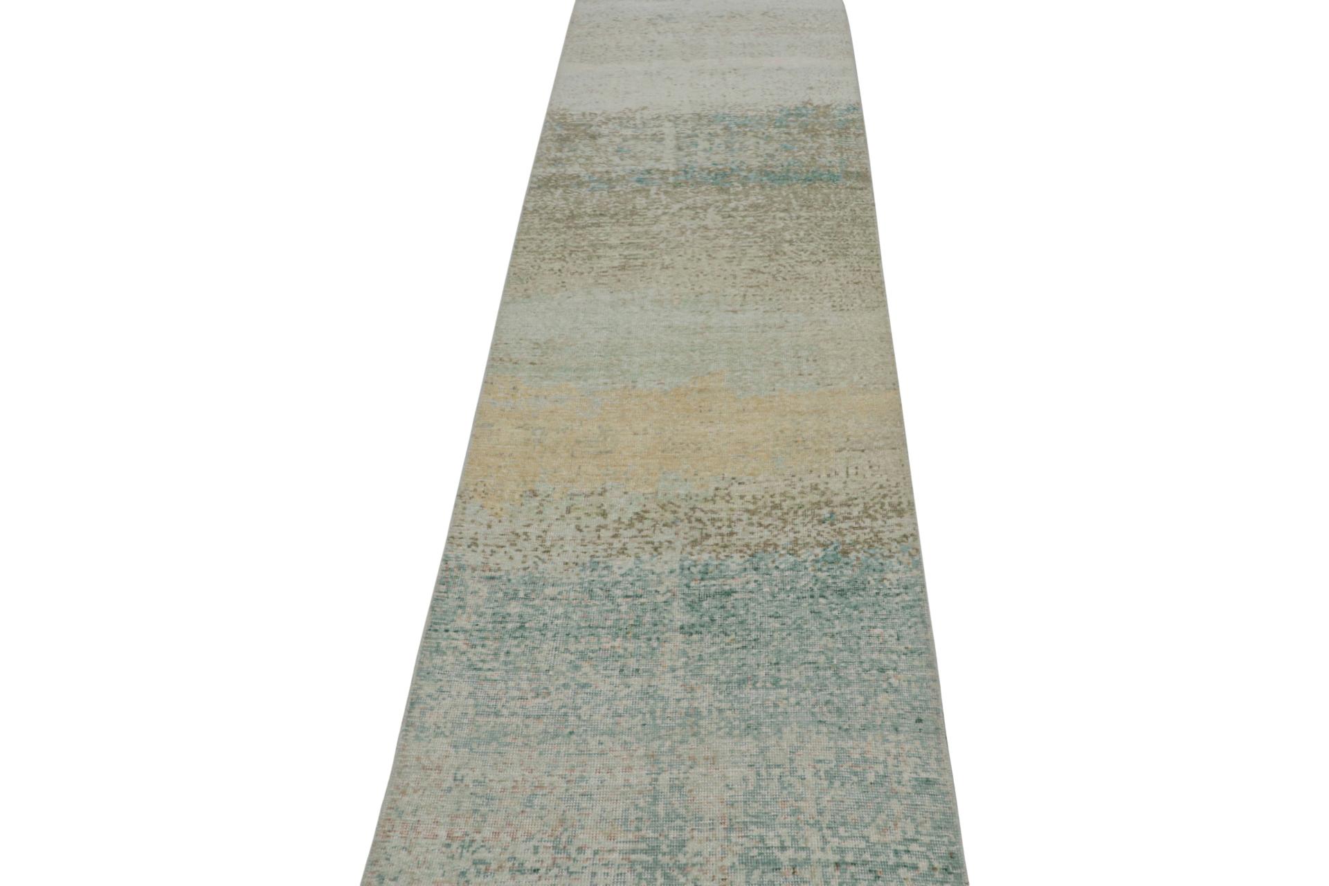 Modern Rug & Kilim’s Distressed Style Abstract Runner Rug in Blue and Beige For Sale