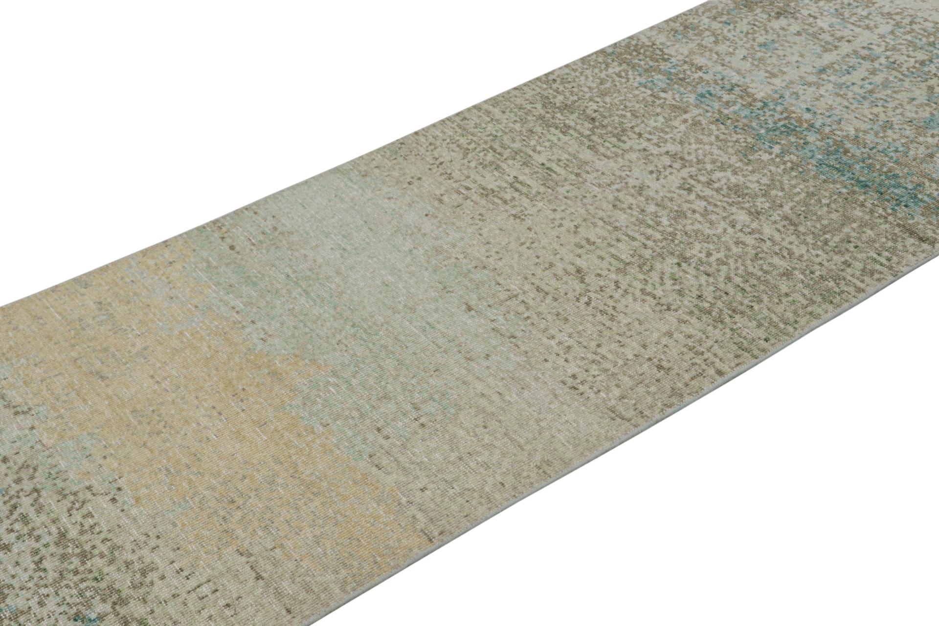 Indian Rug & Kilim’s Distressed Style Abstract Runner Rug in Blue and Beige For Sale