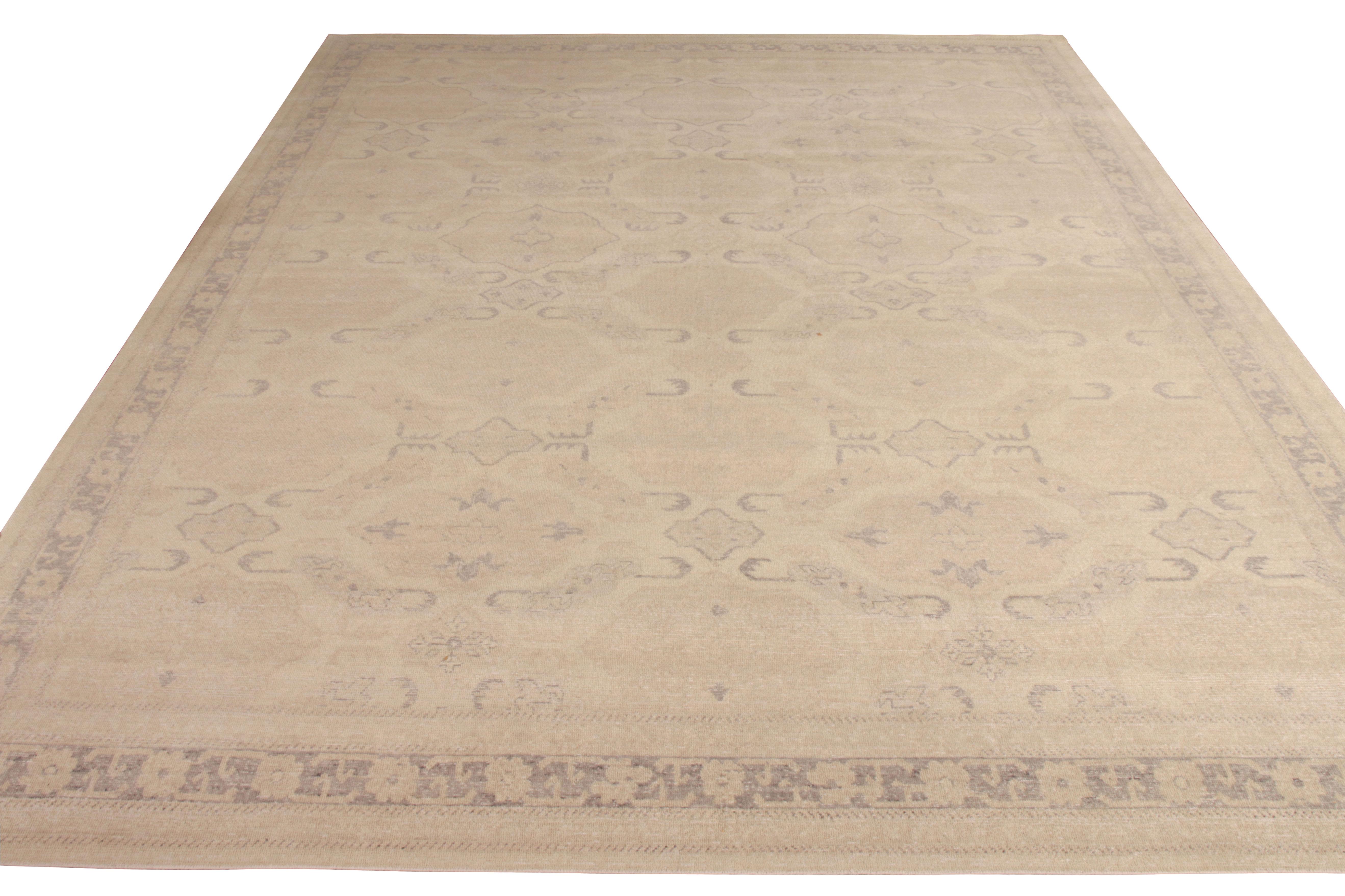 A hand knotted wool 12 x 15 rug with shabby chic appeal joining Rug & Kilim’s distressed-style Homage Collection. Drawing inspiration from classic, traditional designs, the rug enjoys an elegant geometric pattern sitting beautifully on the ivory,