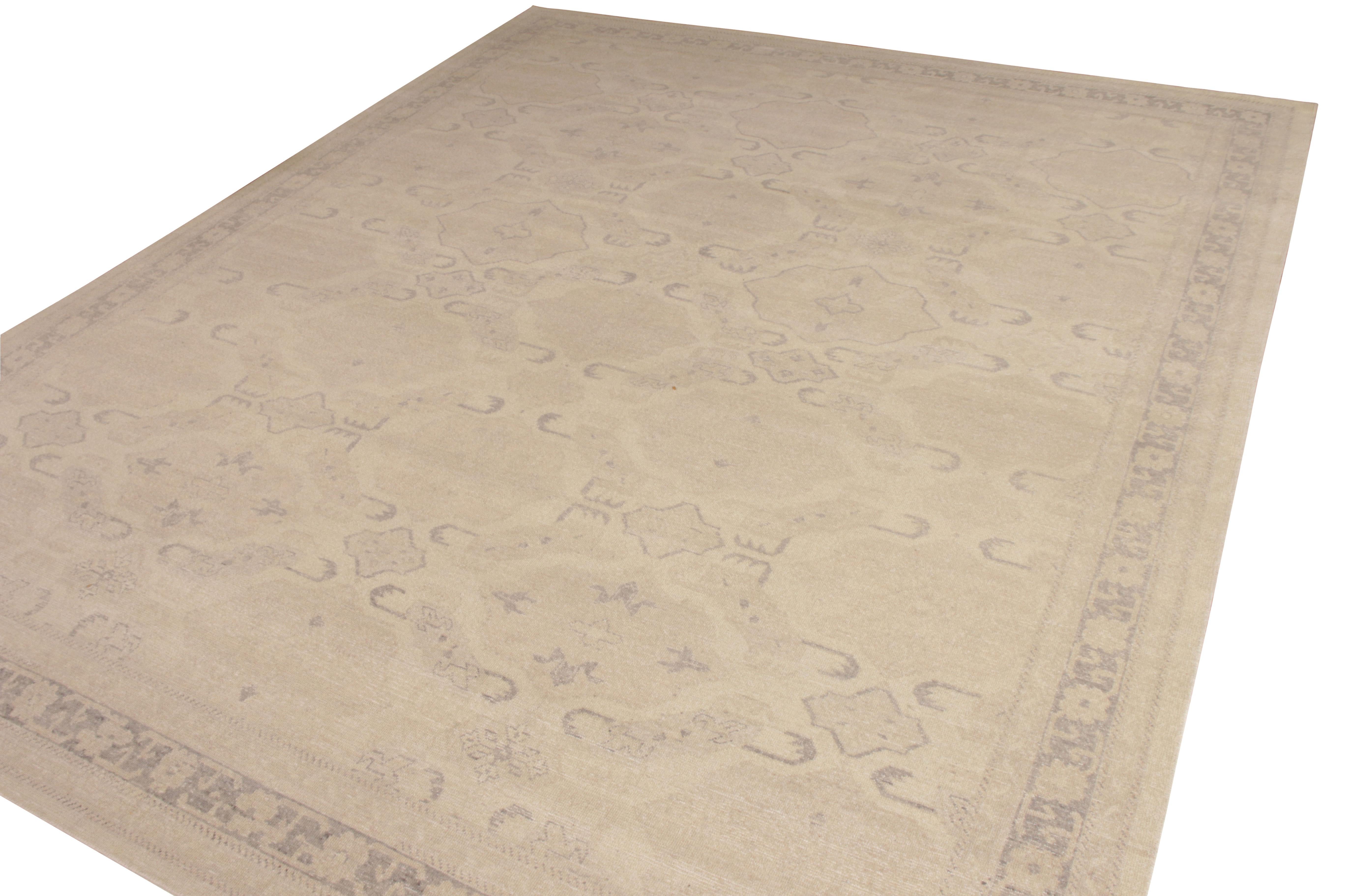 Modern Rug & Kilim’s Distressed Style Classic Rug in Beige-Brown Geometric Pattern For Sale