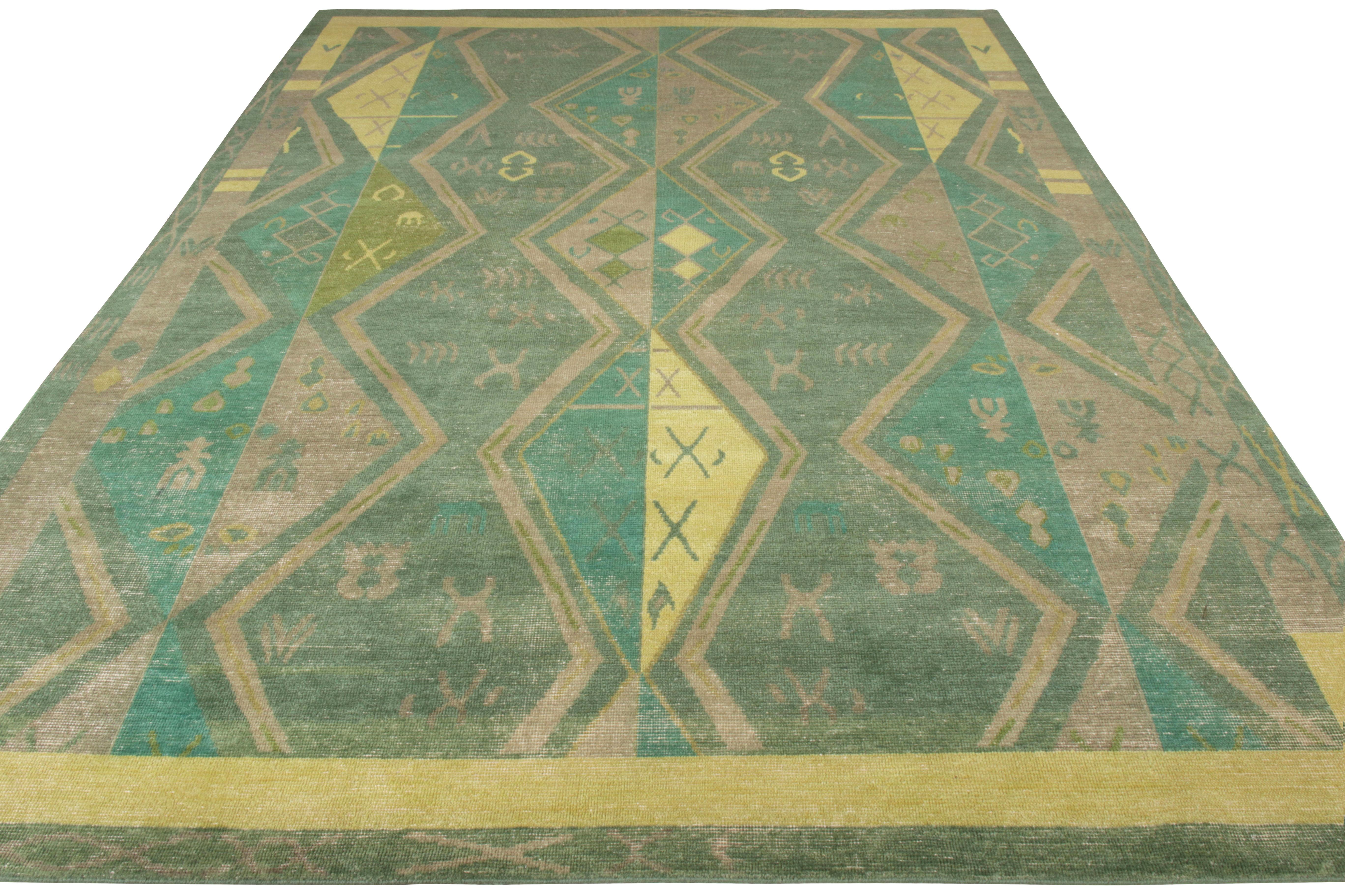 Rug & Kilim welcomes this 9 x 12 distressed style rug to its Homage collection. Following a tribal geometric pattern, this hand knotted wool beauty enjoys a unique take on traditional aesthetics marrying a shabby chic demeanour. The delicious