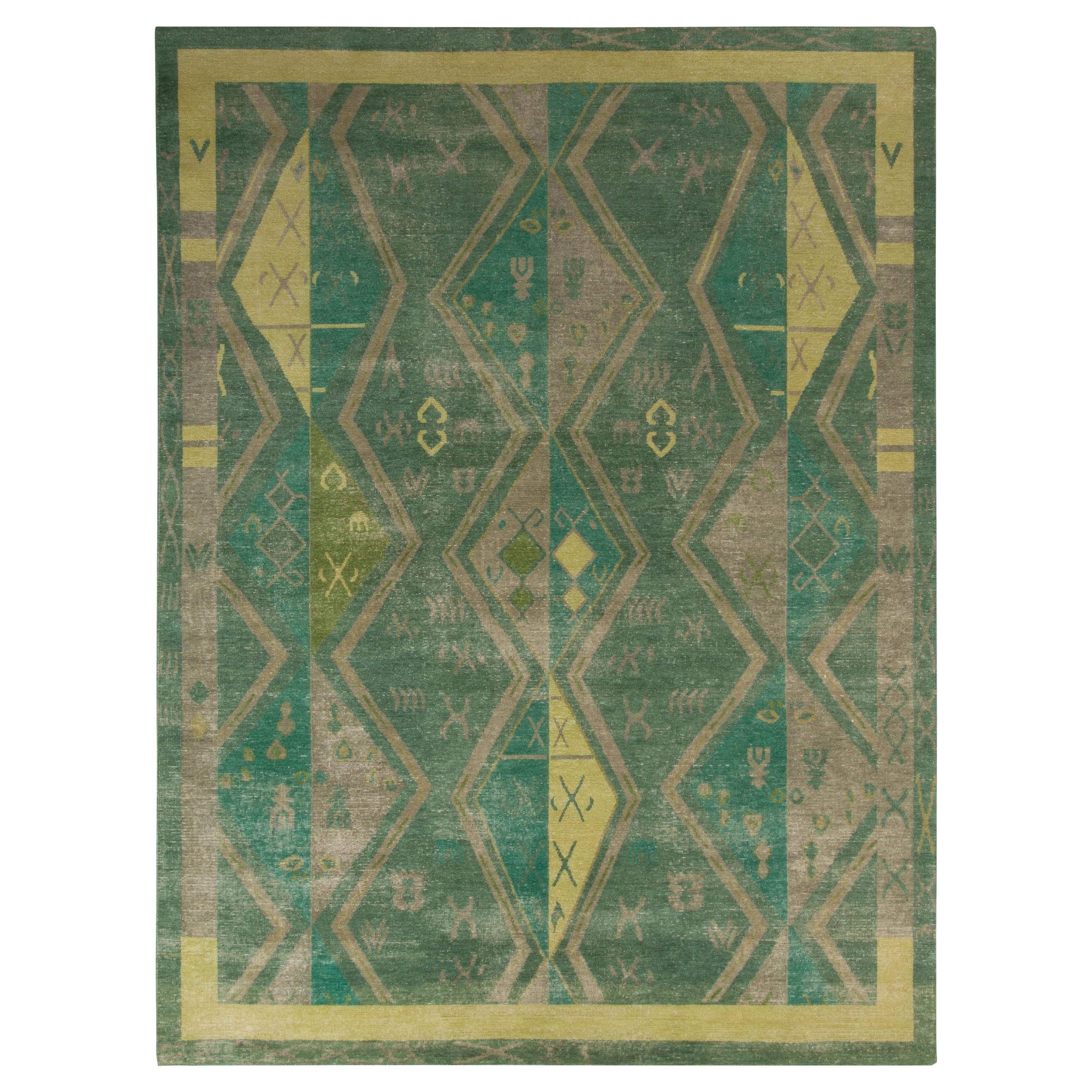 Rug & Kilim’s Distressed Style Classic Rug in Green, Beige-Brown Geometric Patte For Sale