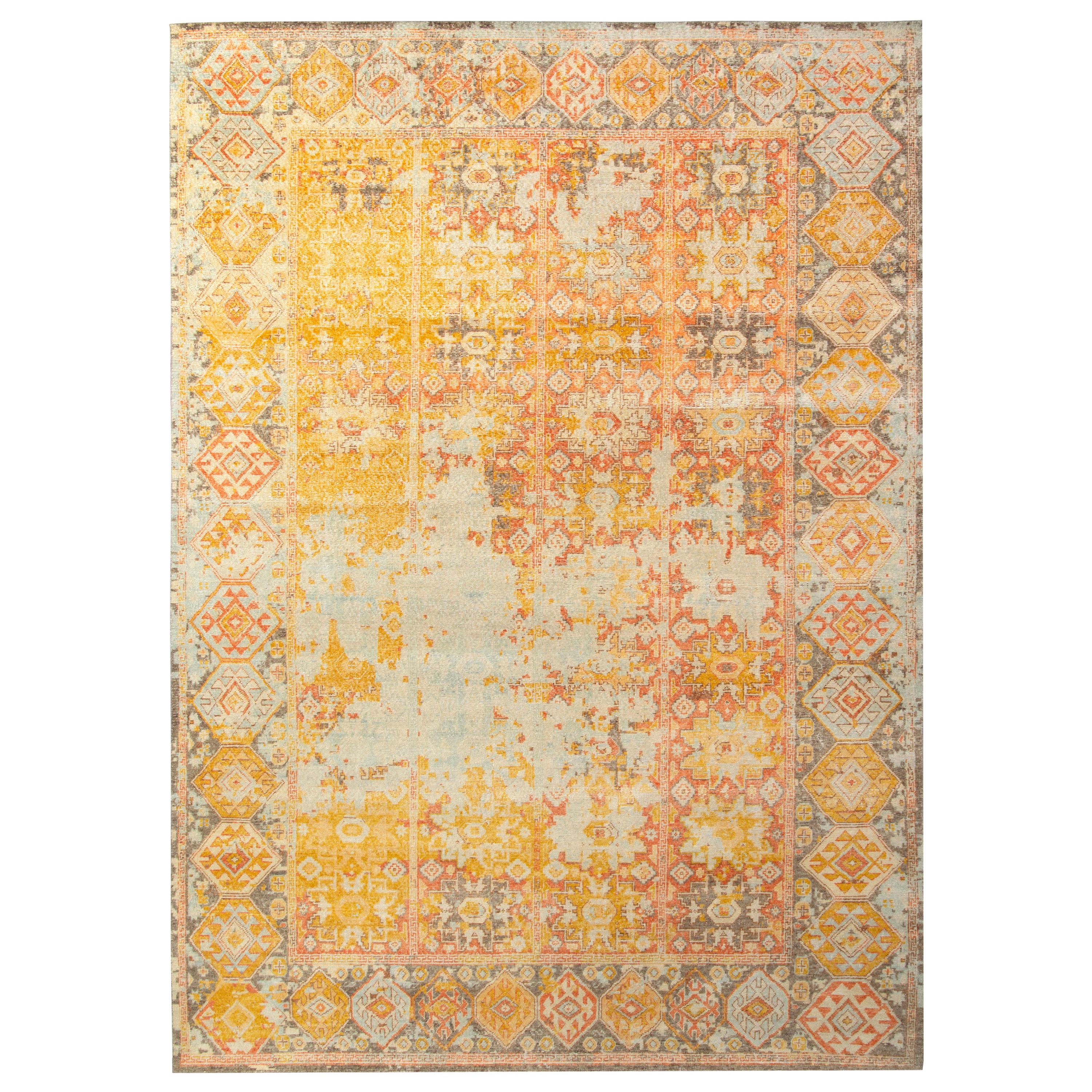 Rug & Kilim’s Distressed Style Classic Rug, Orange-Gold, Blue Geometric Pattern For Sale