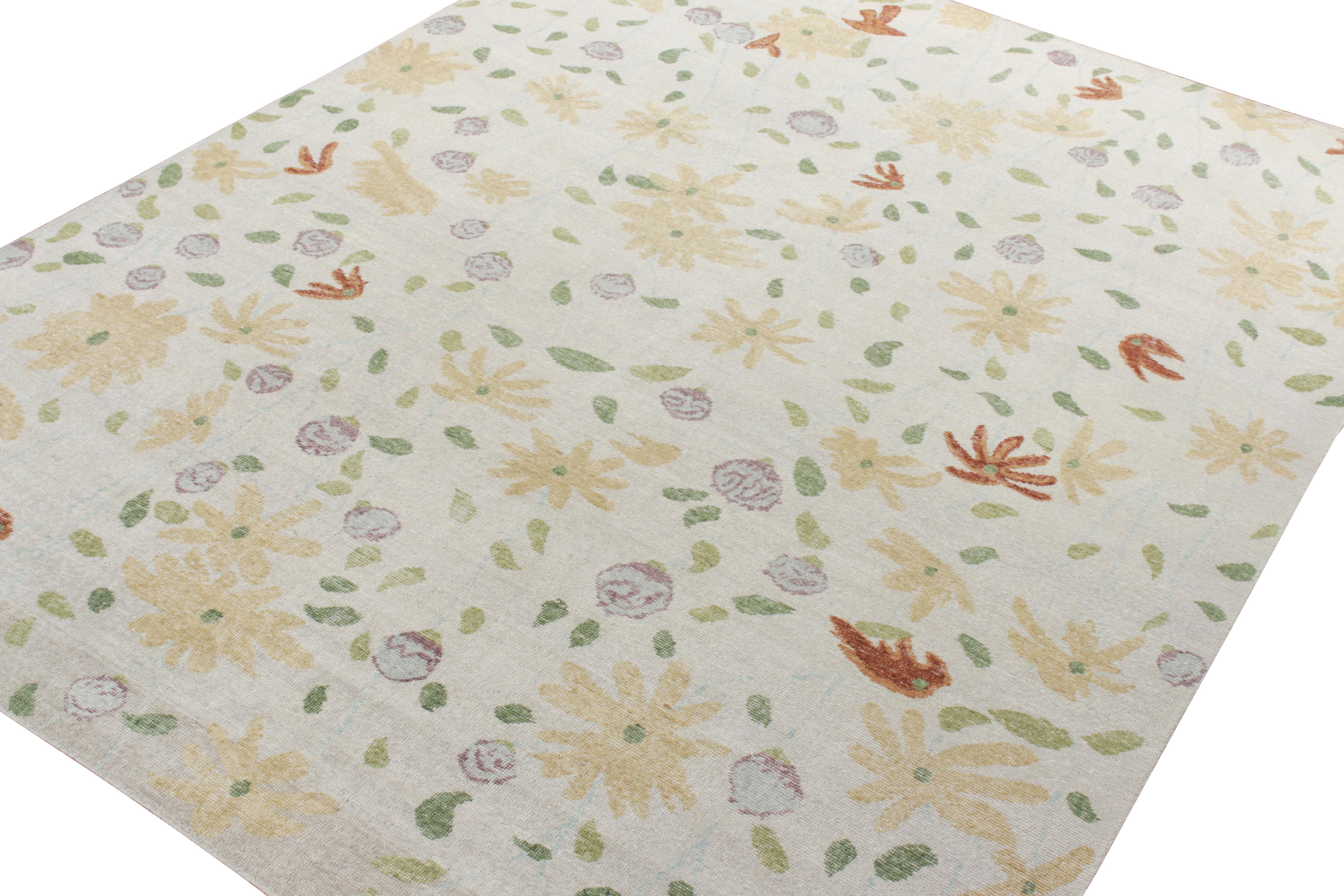 Modern Rug & Kilim’s Distressed Contemporary Rug in White with Beige Floral Patterns For Sale