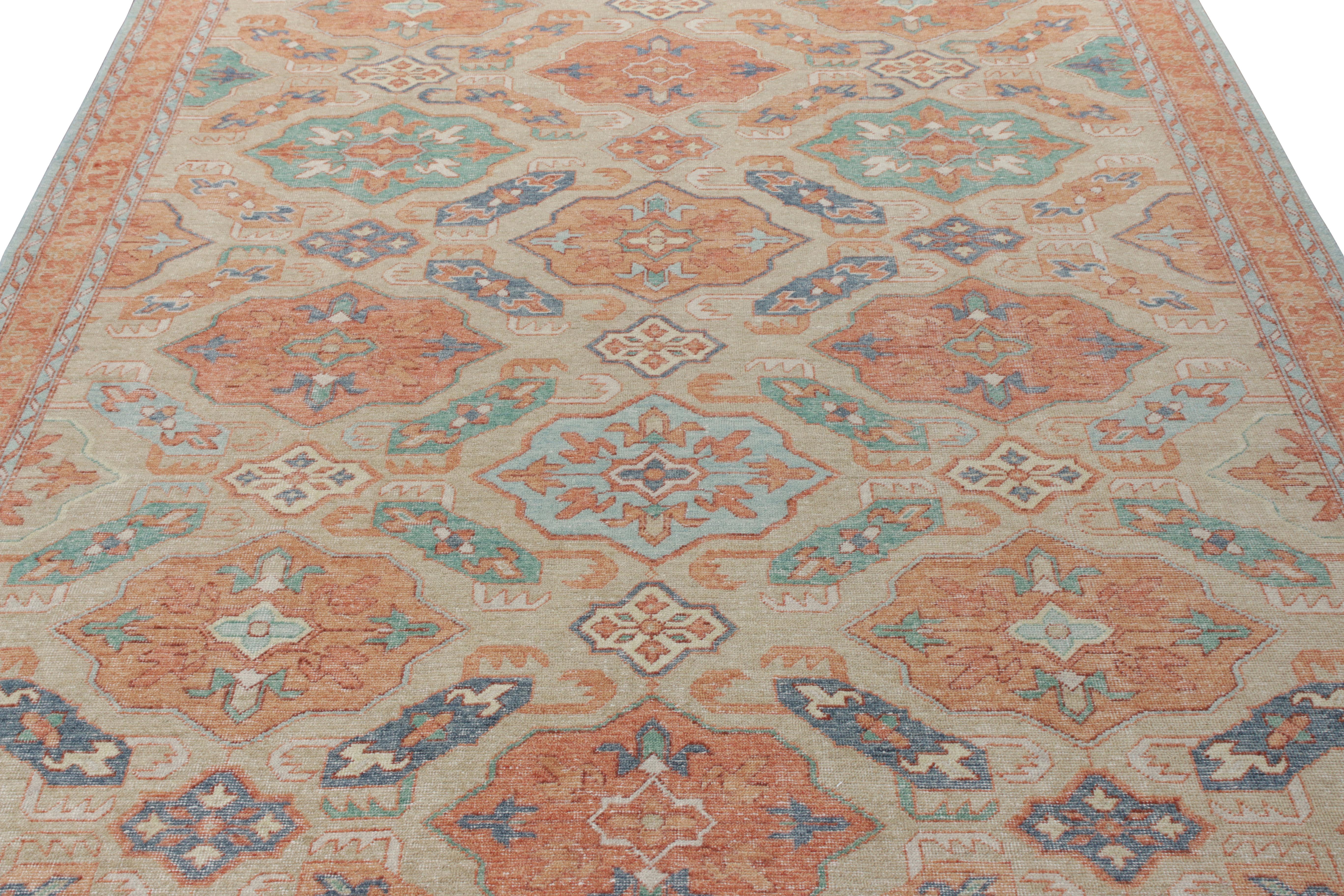 A delicious 9x12 edition of a hand-knotted custom rug design, available from Rug & Kilim’s Homage Collection. This traditional rendering in distressed style showcases a gorgeous geometric-floral series of medallion patterns in enticing tones of blue