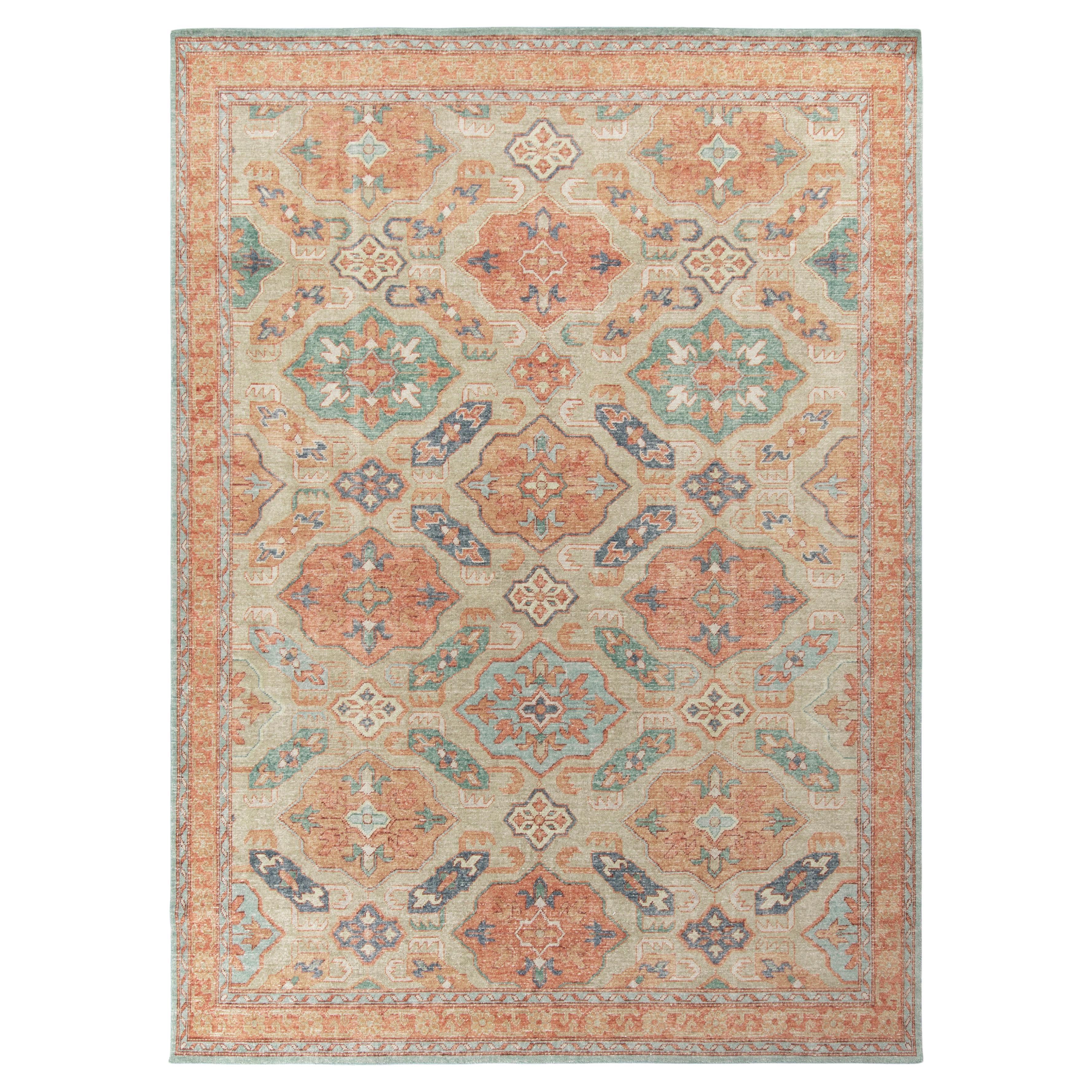 Rug & Kilim’s Distressed Style Custom Rug in Beige, Orange Geometric Pattern For Sale