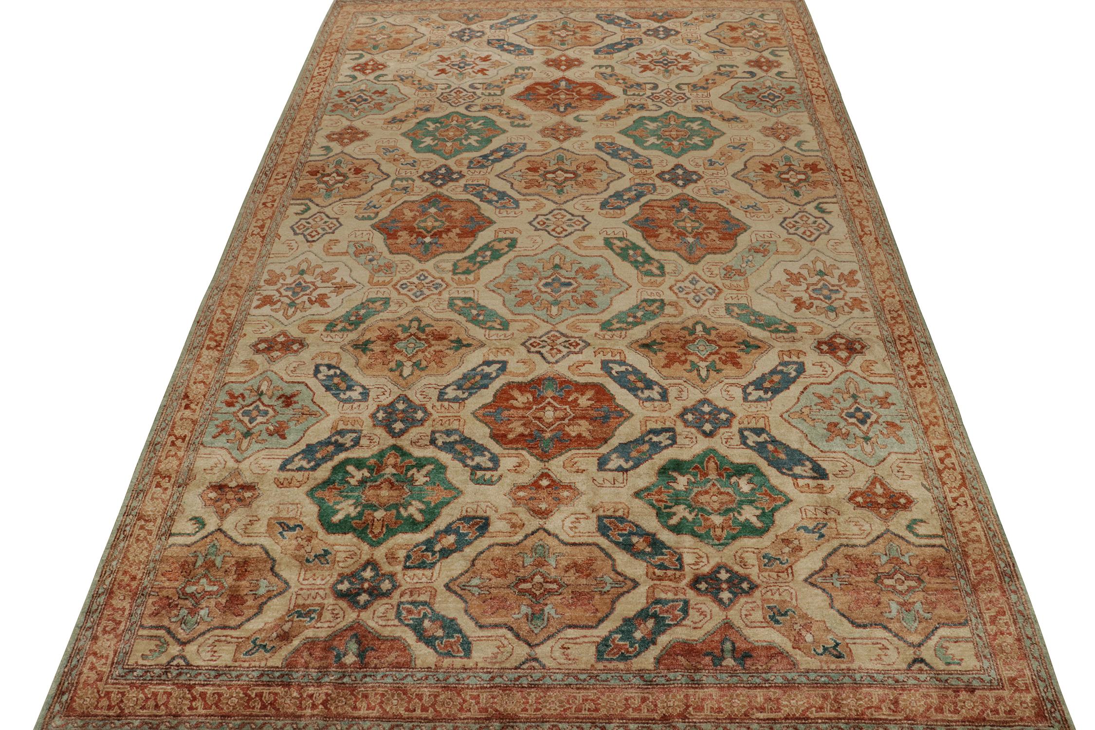 Indian Rug & Kilim’s Distressed Style Custom rug in Beige, Red & Teal Geometric Pattern For Sale