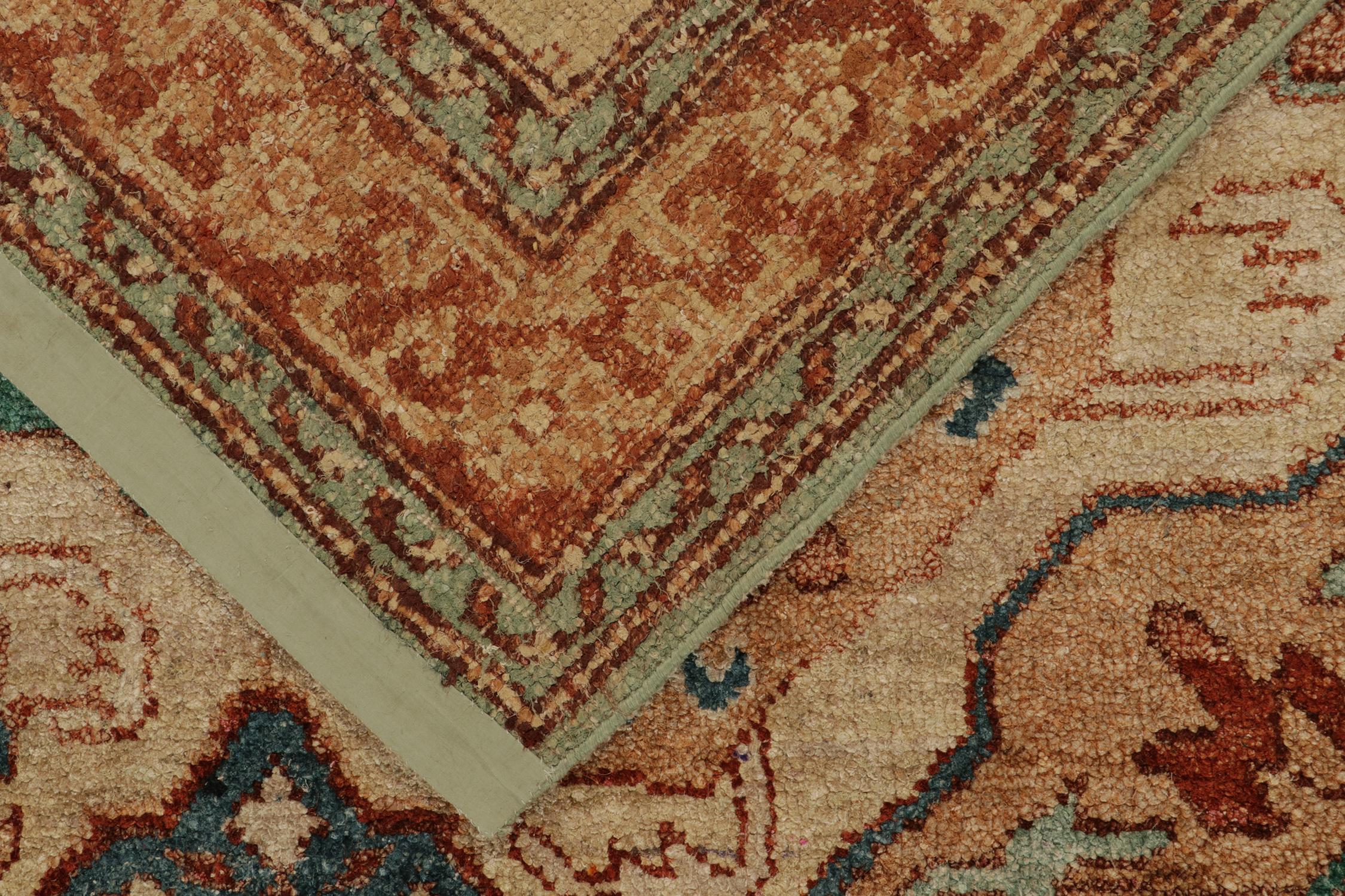 Silk Rug & Kilim’s Distressed Style Custom rug in Beige, Red & Teal Geometric Pattern For Sale