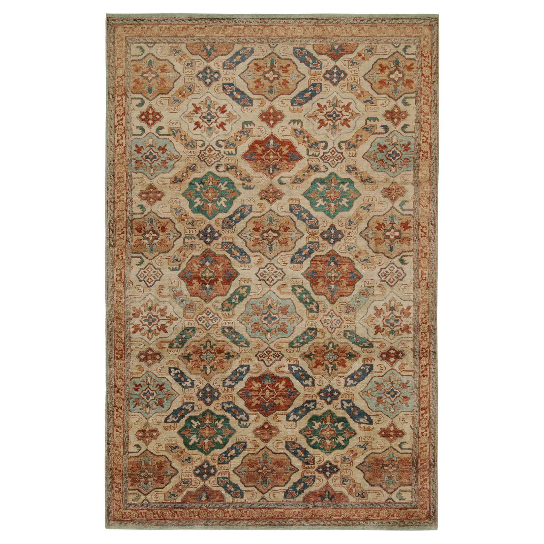 Rug & Kilim’s Distressed Style Custom rug in Beige, Red & Teal Geometric Pattern For Sale