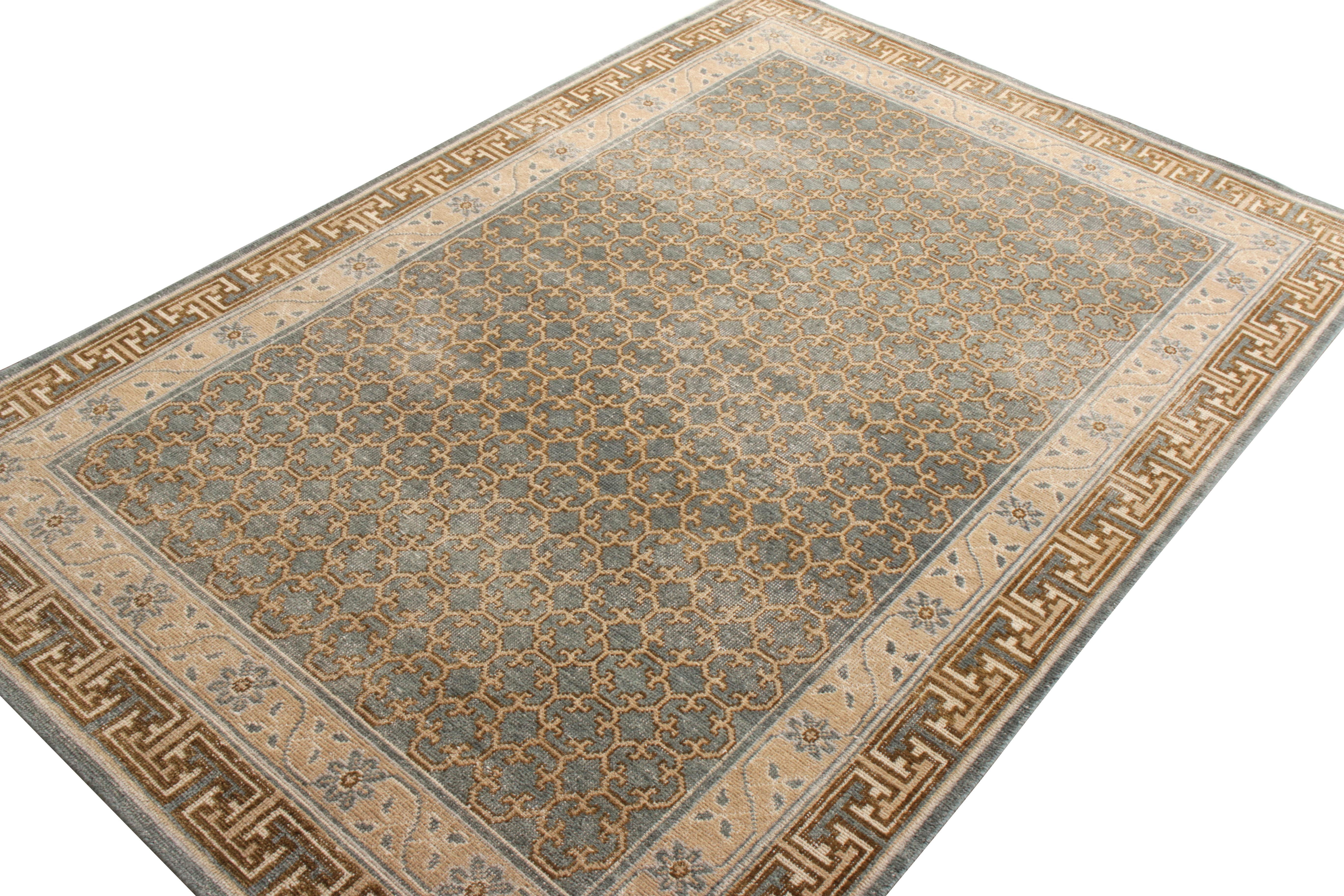 Other Rug & Kilim’s Distressed Style Custom Rug in Blue, Beige-Brown Geometric Pattern For Sale