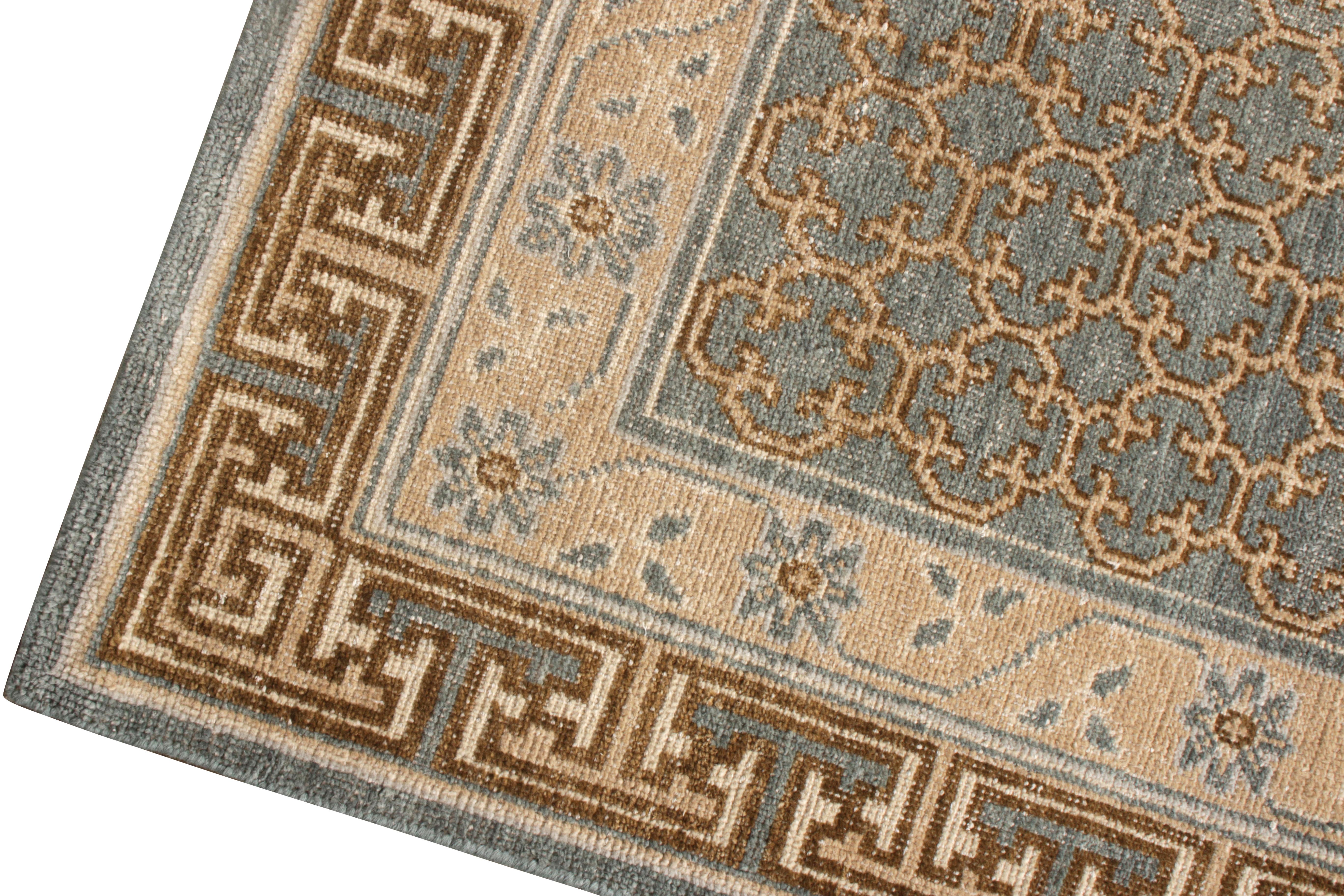 Hand-Knotted Rug & Kilim’s Distressed Style Custom Rug in Blue, Beige-Brown Geometric Pattern For Sale