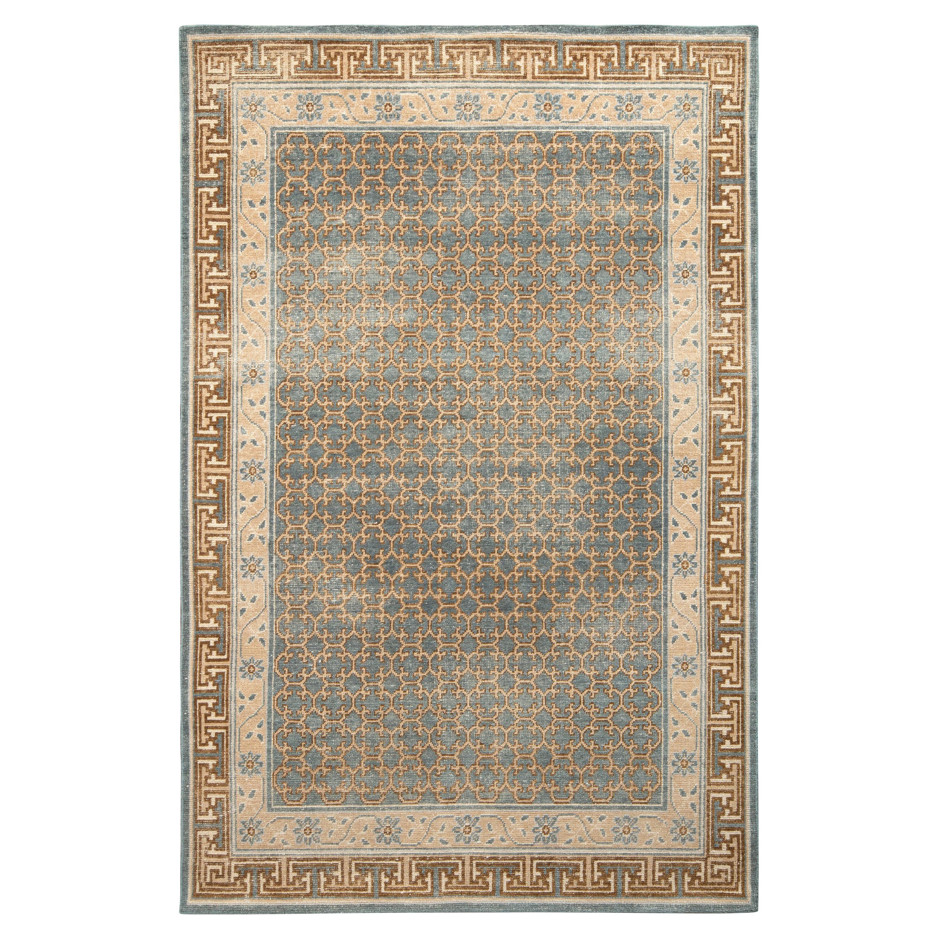 Rug & Kilim’s Distressed Style Custom Rug in Blue, Beige-Brown Geometric Pattern For Sale