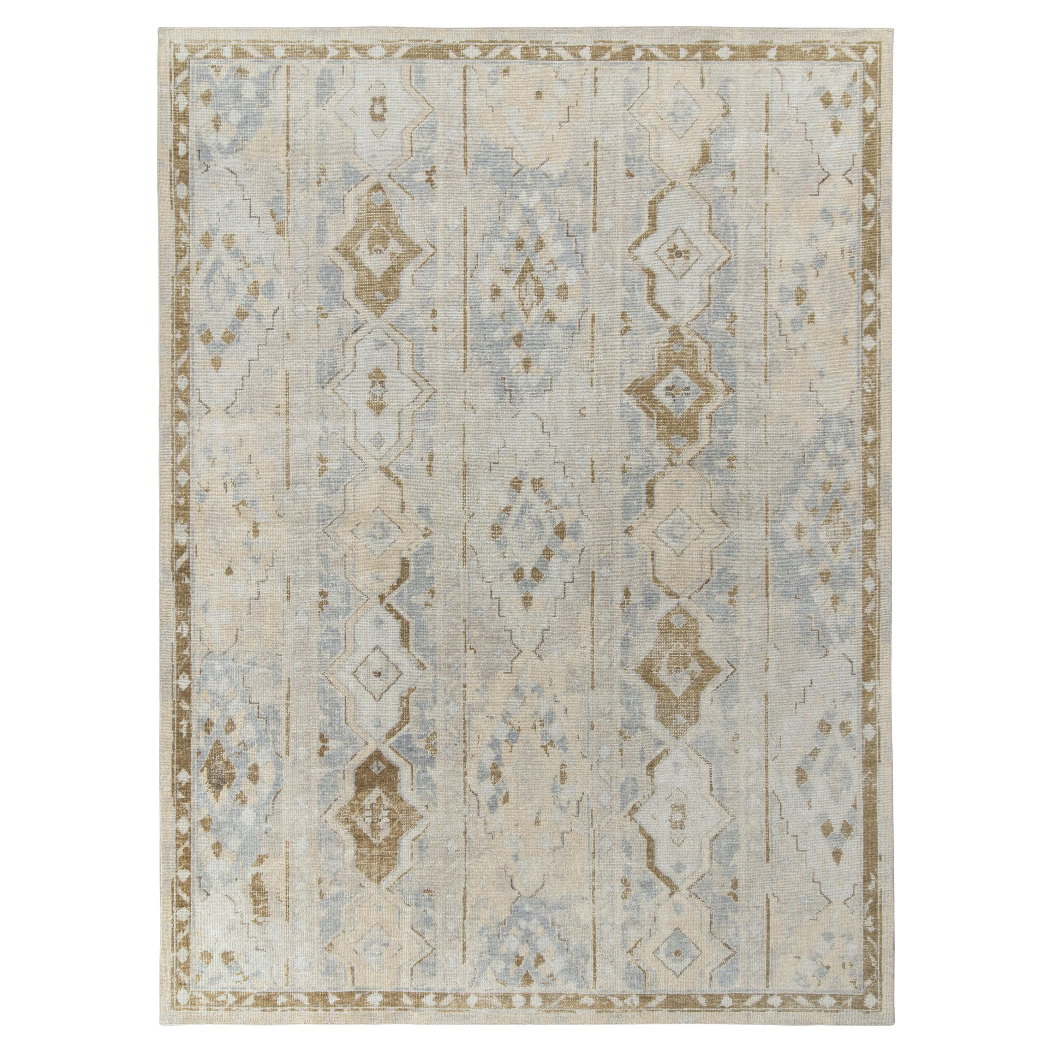 Rug & Kilim’s Distressed Style Custom Rug in Blue, Beige-Brown Geometric Pattern