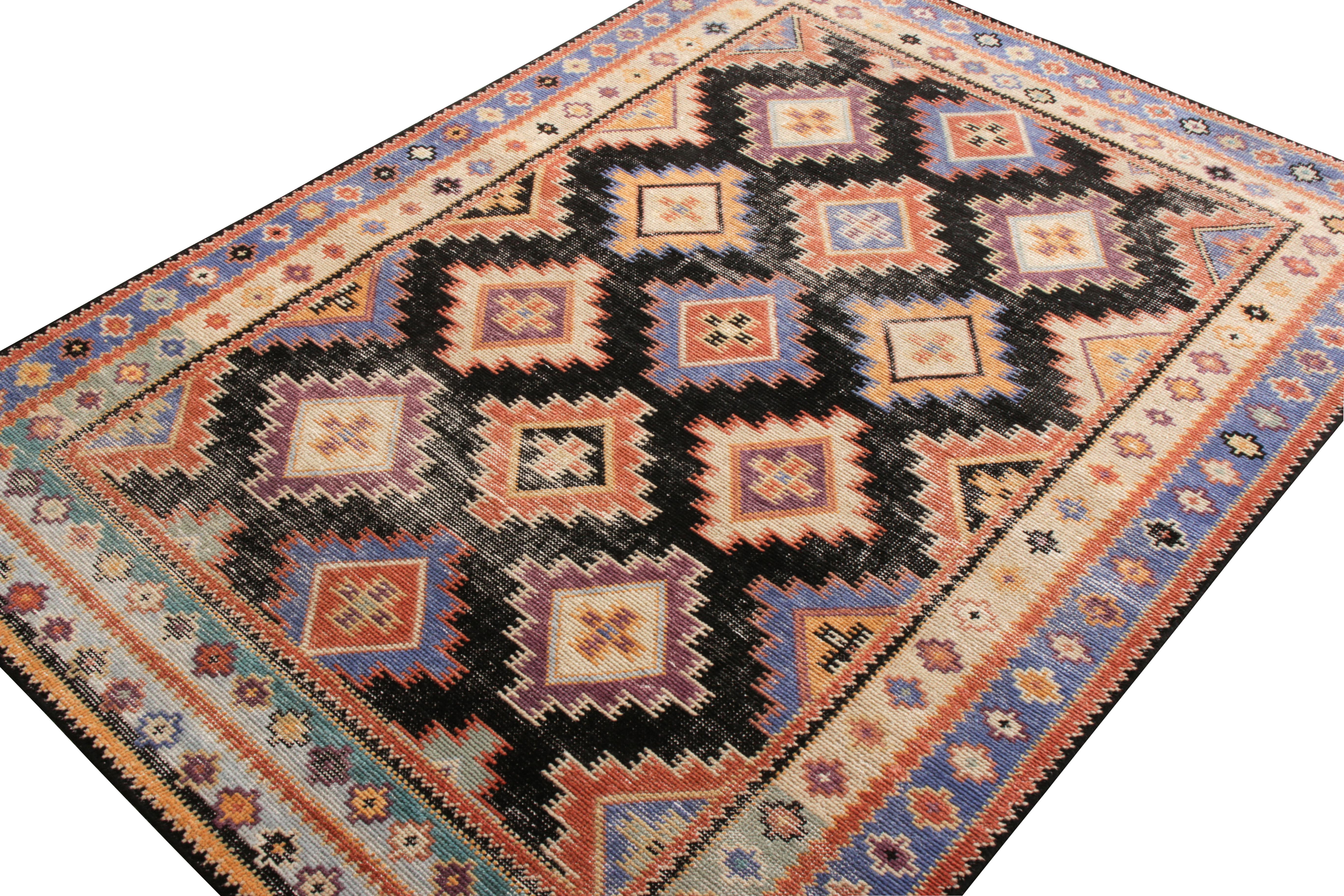 Tribal Rug & Kilim’s Distressed Style Custom Rug in Blue, Black Geometric Pattern For Sale