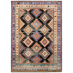 Rug & Kilim’s Distressed Style Custom Rug in Blue, Black Geometric Pattern