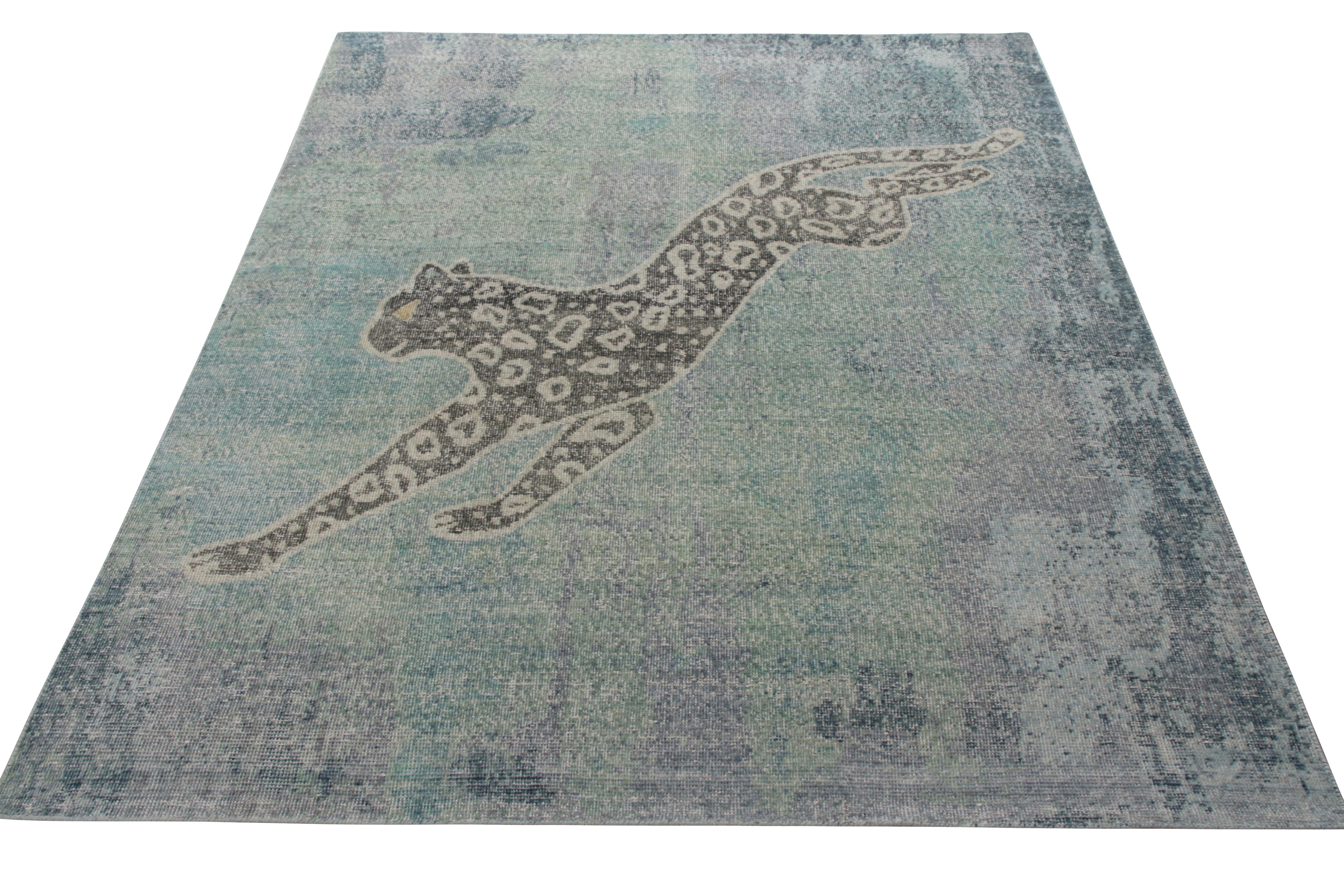 Rug & Kilim presents this unique custom pictorial piece from its exquisite Homage Collection. Exemplified in this edition, this 6x8 rug features a representation of a leopard right in the center in thoughtful gray-black tones that perfectly settle