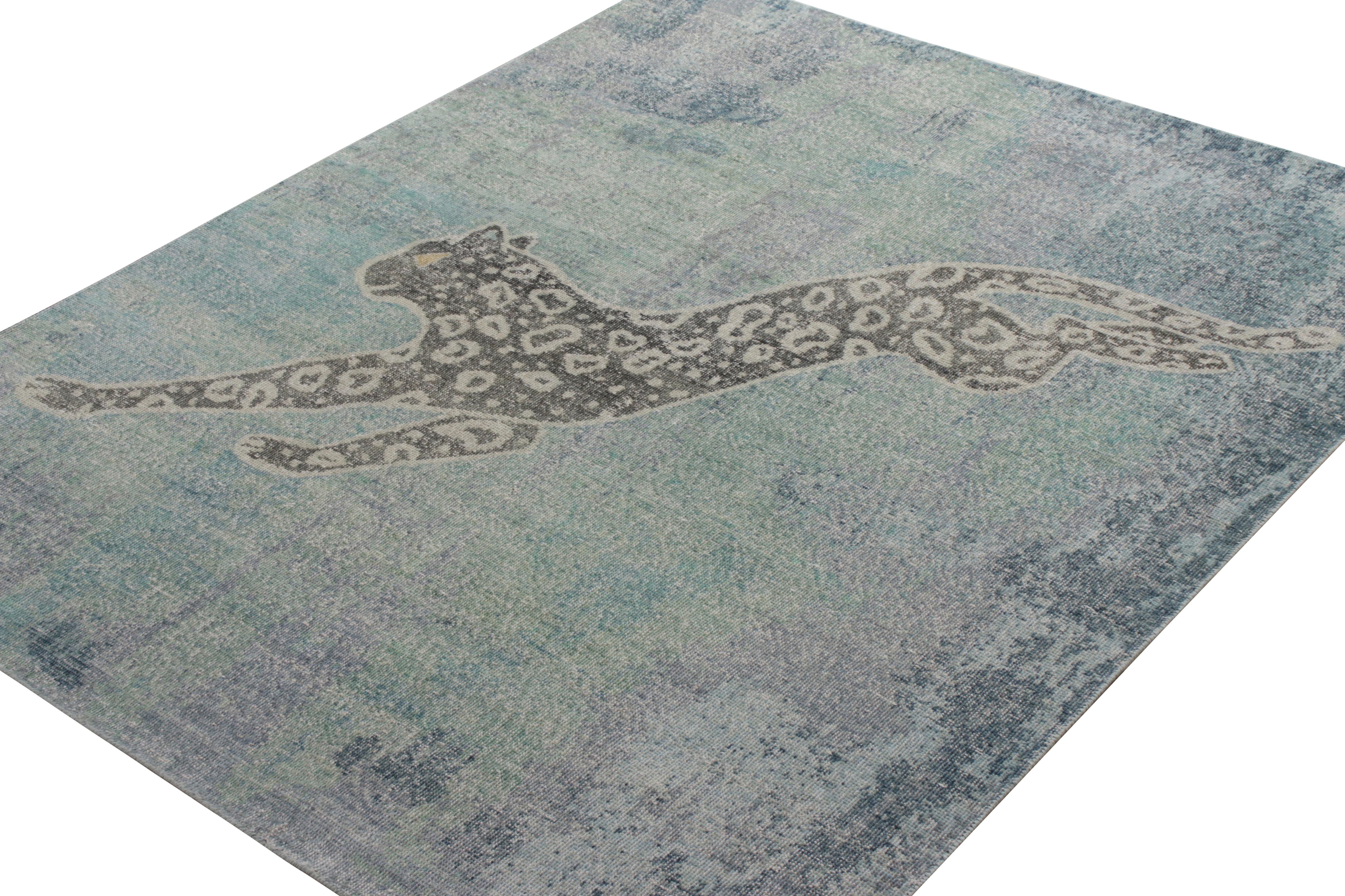 Other Rug & Kilim’s Distressed Style Custom Rug in Blue, Gray Pictorial Pattern For Sale