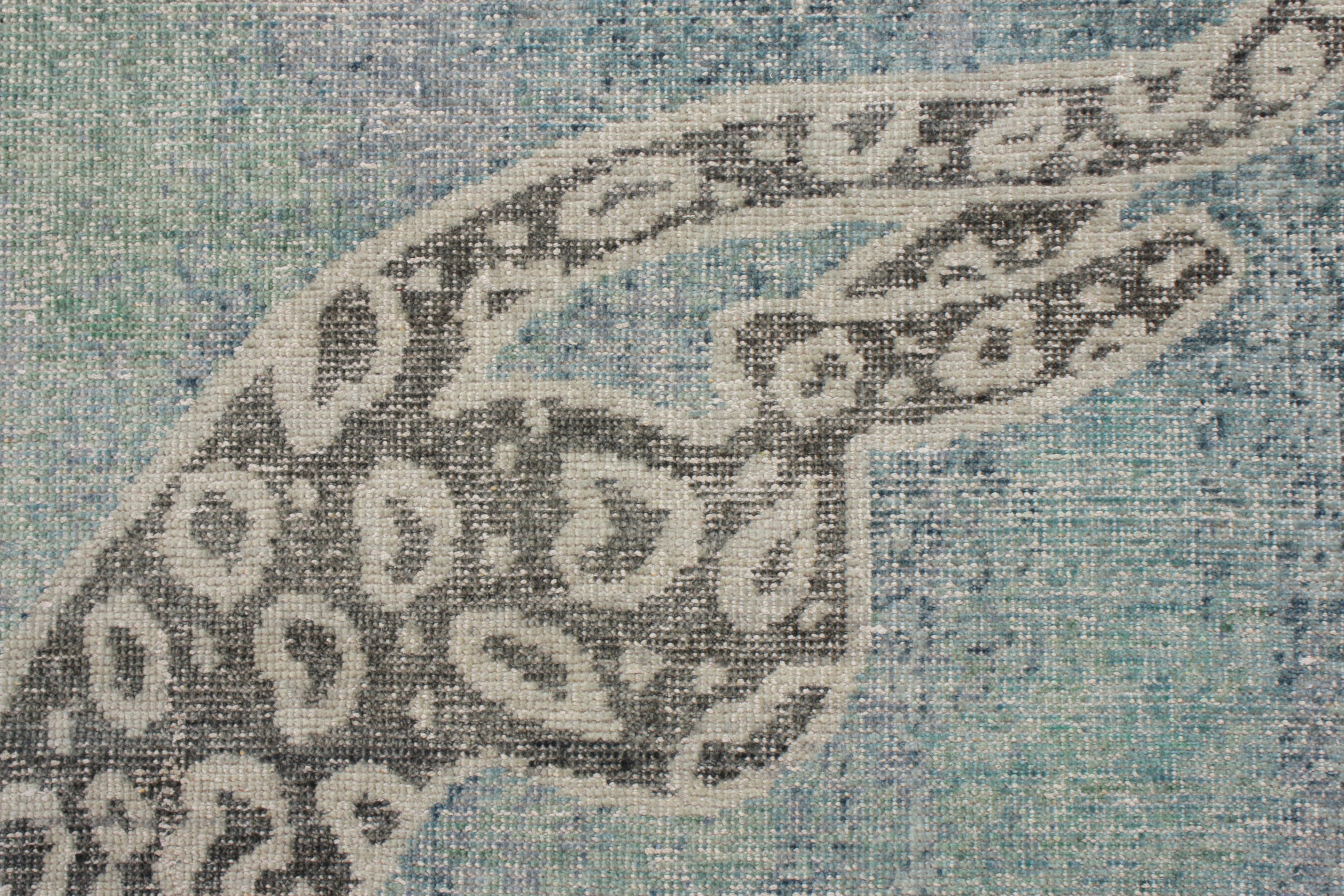 Indian Rug & Kilim’s Distressed Style Custom Rug in Blue, Gray Pictorial Pattern For Sale
