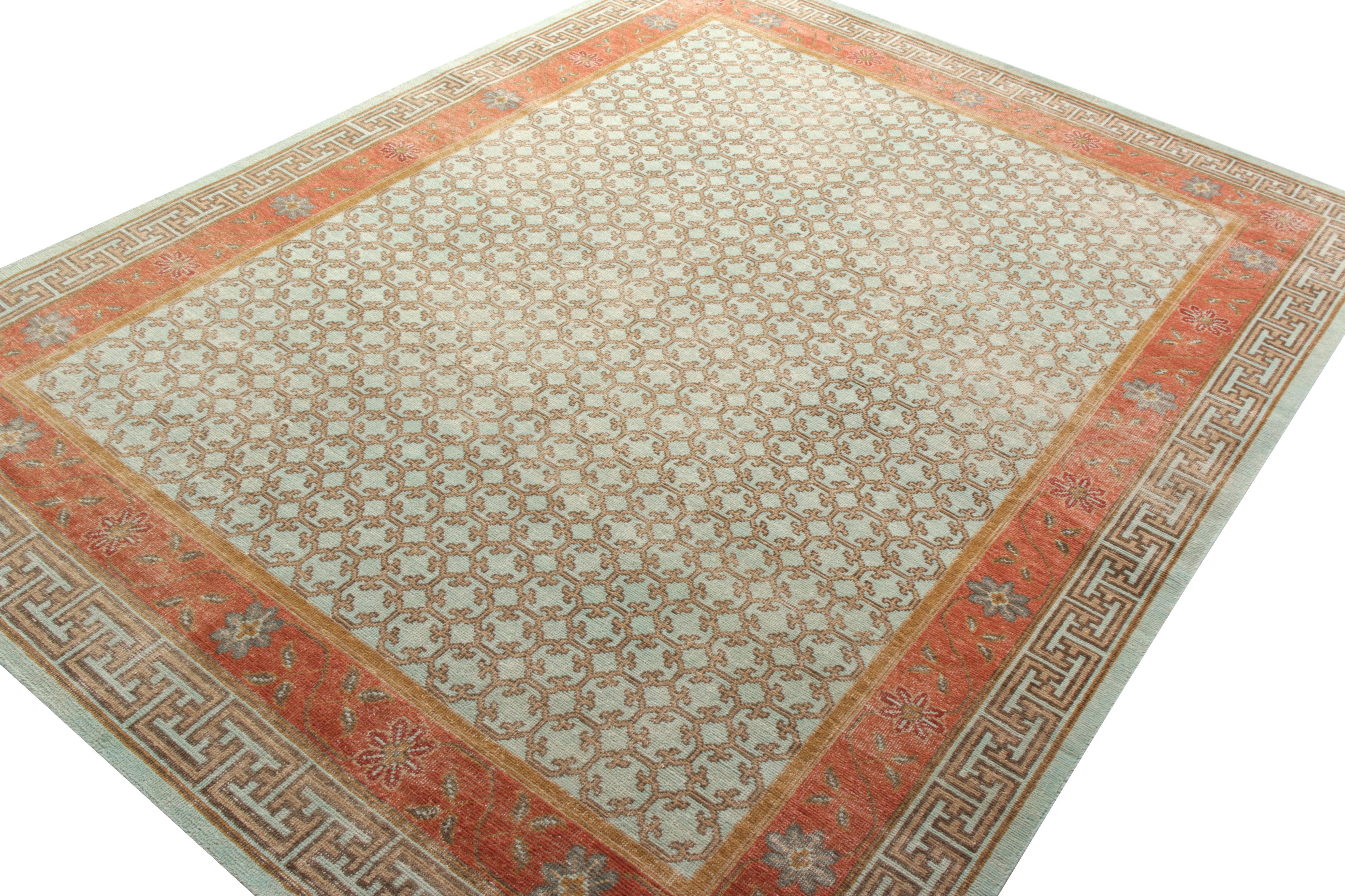 Khotan Rug & Kilim’s Distressed Style Custom Rug in Blue, Red Geometric Pattern For Sale