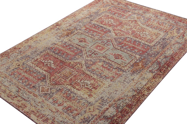 Other Rug & Kilim’s Distressed Style Custom Rug in Blue, Red, Yellow Tribal Pattern For Sale