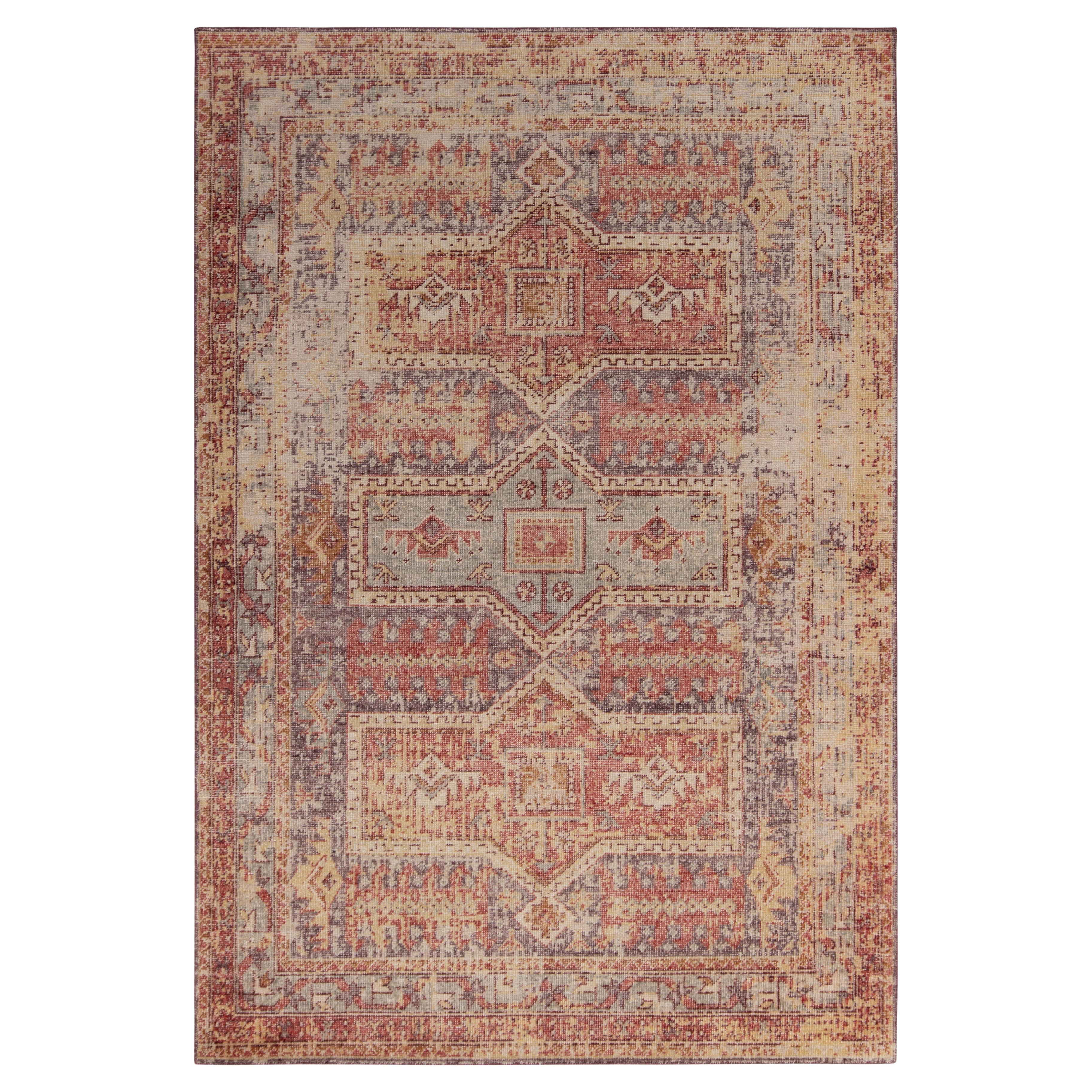 Rug & Kilim’s Distressed Style Custom Rug in Blue, Red, Yellow Tribal Pattern