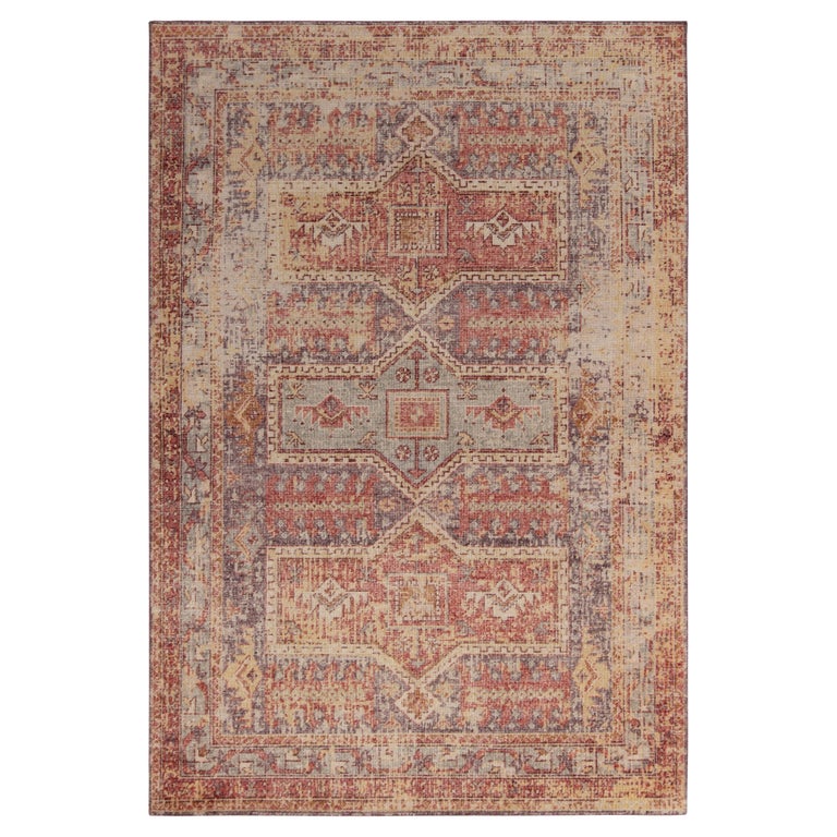 Rug & Kilim’s Distressed Style Custom Rug in Blue, Red, Yellow Tribal Pattern For Sale