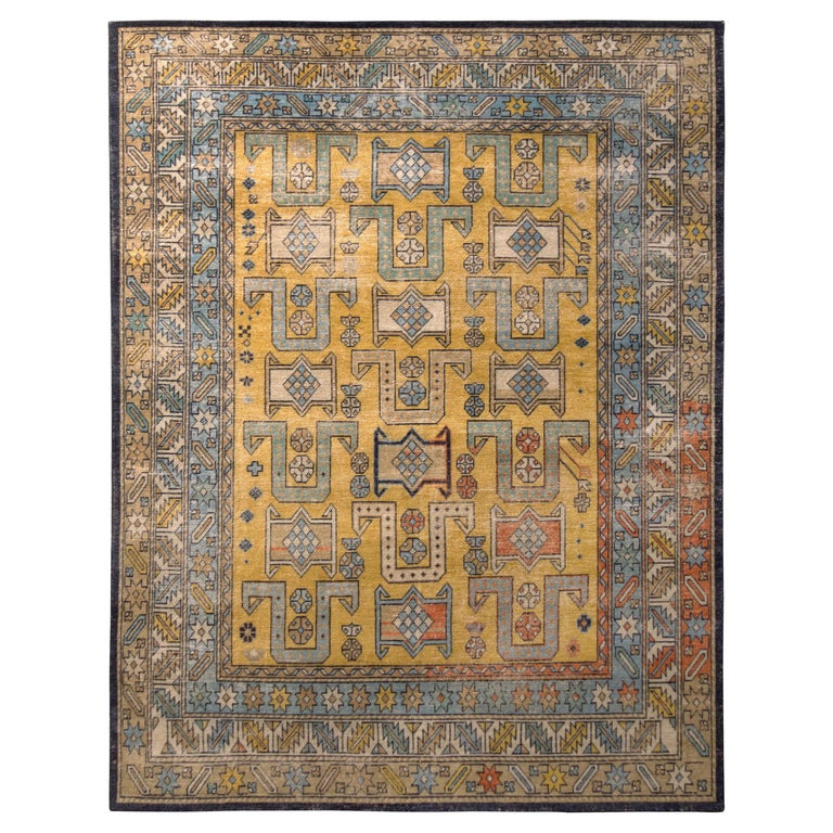 Rug & Kilim’s Distressed Style Custom Rug in Blue Yellow Geometric Pattern For Sale