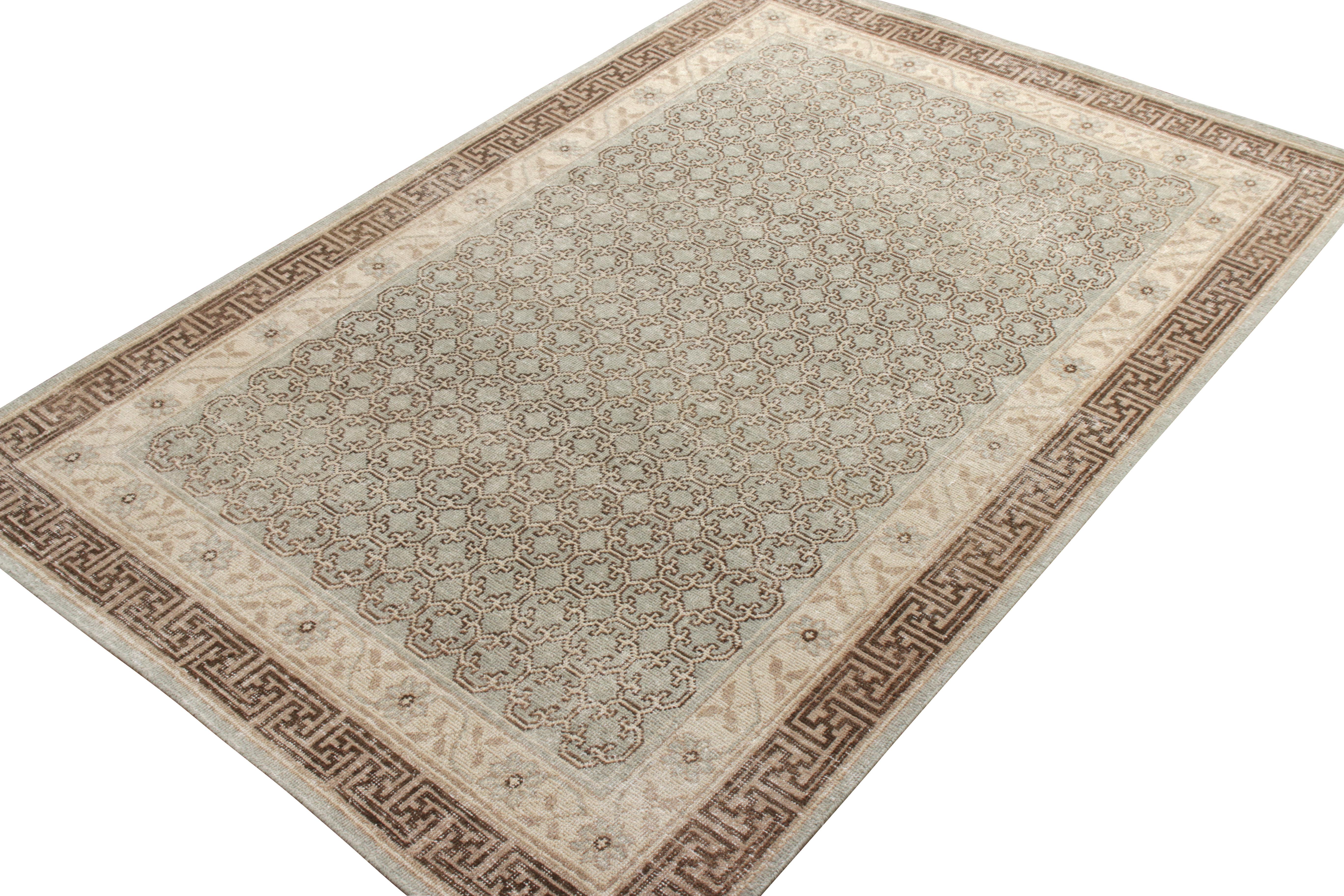 Other Rug & Kilim’s Distressed Style Custom Rug in Brown, Grey Geometric Pattern For Sale