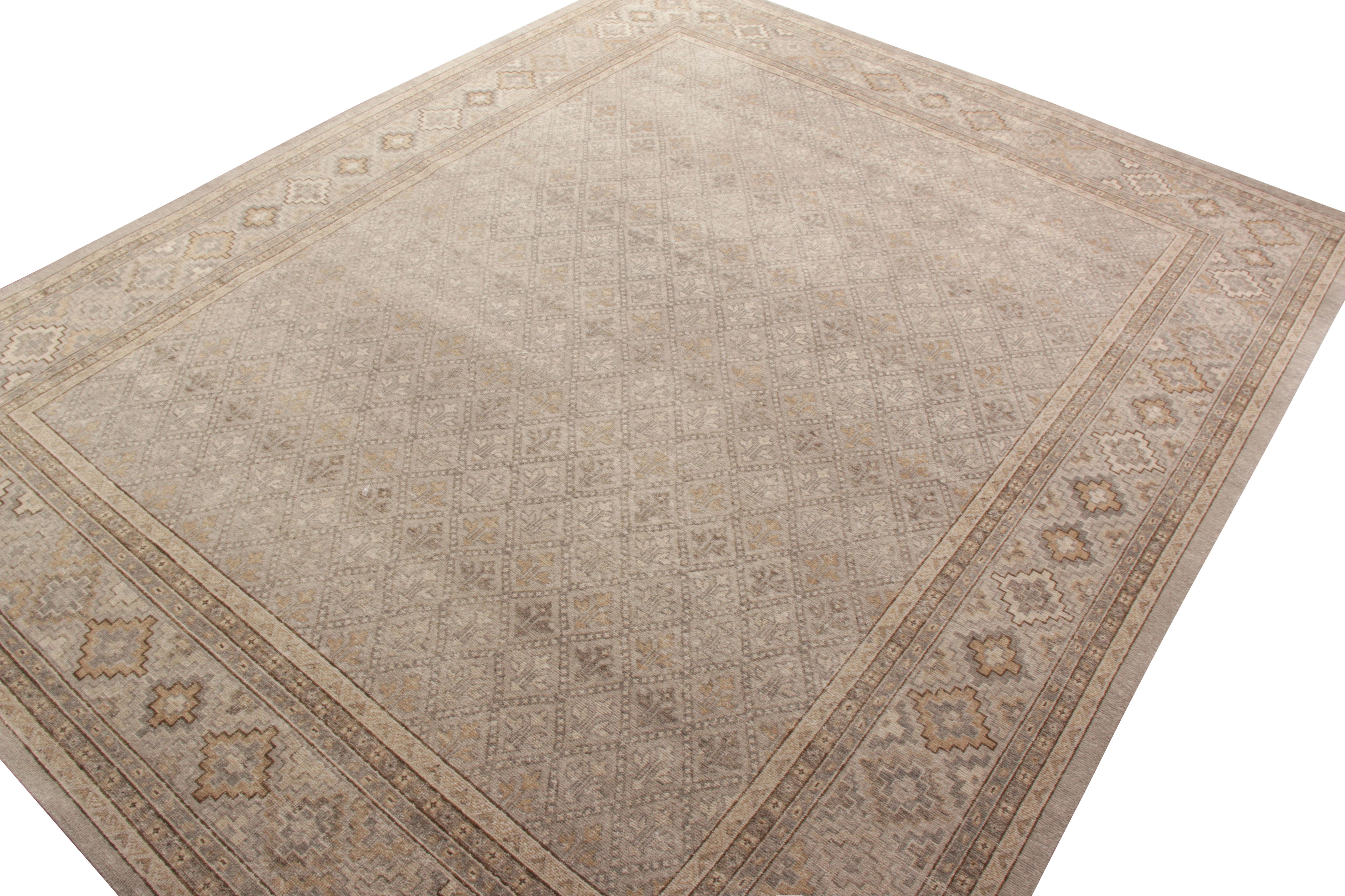 Other Rug & Kilim’s Distressed Style Custom Rug in Gray, Beige-Brown Geometric Pattern For Sale