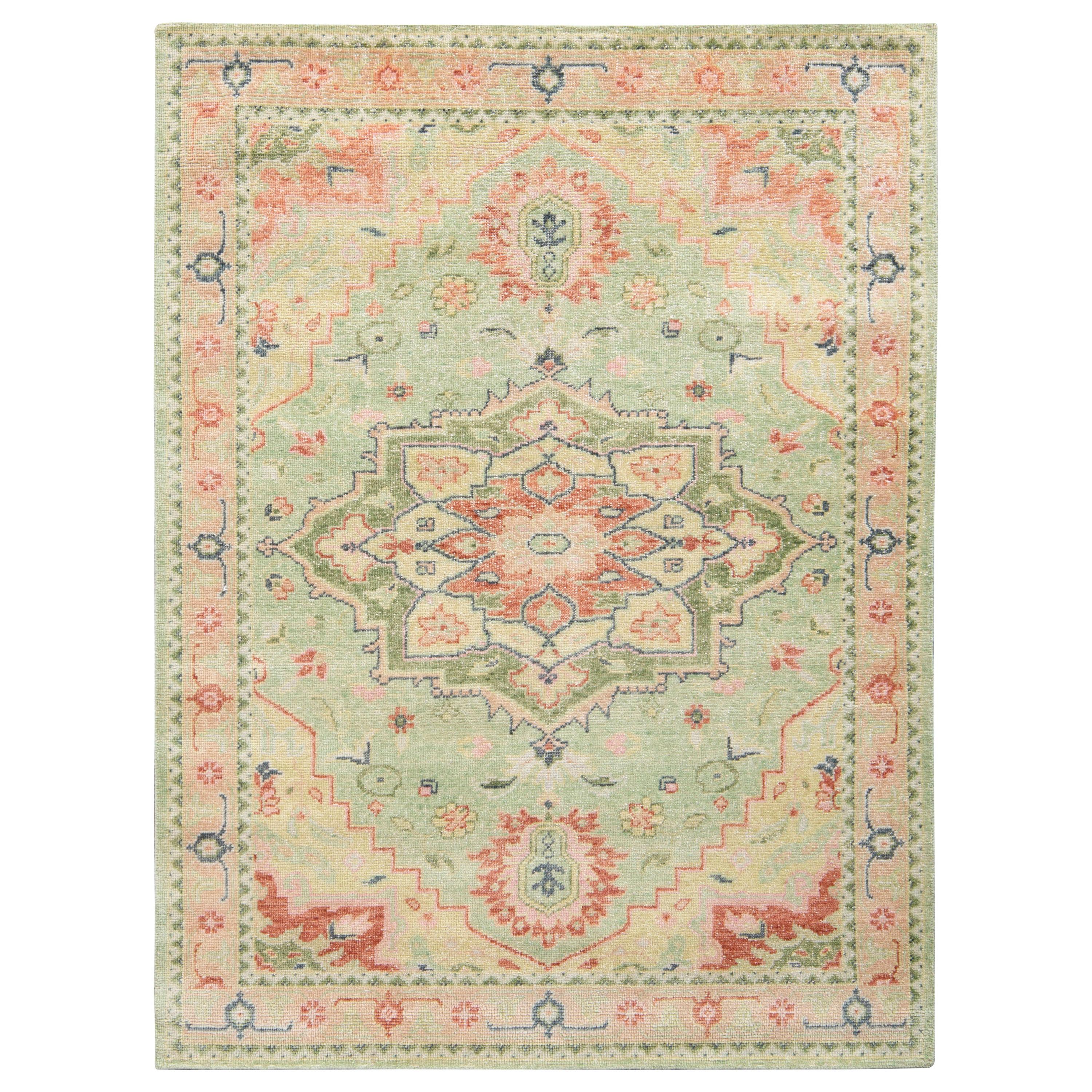 Rug & Kilim’s Distressed Style Custom Rug in Green, Pink Medallion Pattern For Sale
