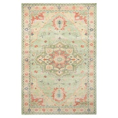 Rug & Kilim’s Distressed Style Custom Rug in Green, Pink Medallion Pattern