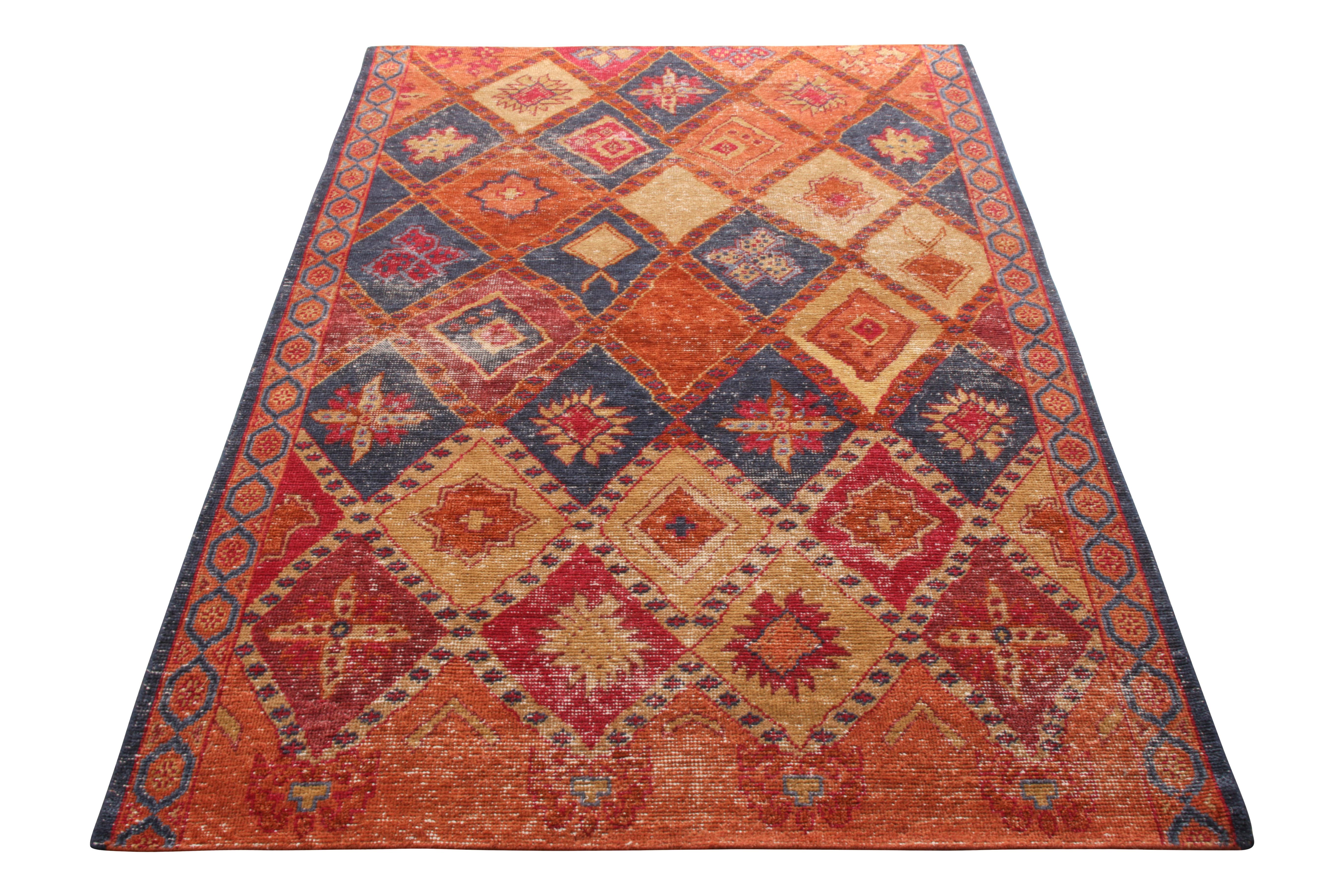 A custom rug piece with classic aesthetics in distressed style belonging to Rug & Kilim’s Homage Collection. Hand knotted in wool with a shabby chic appeal, enticing the eye with an audacious selection of colors. Warm and bright orange and red tones