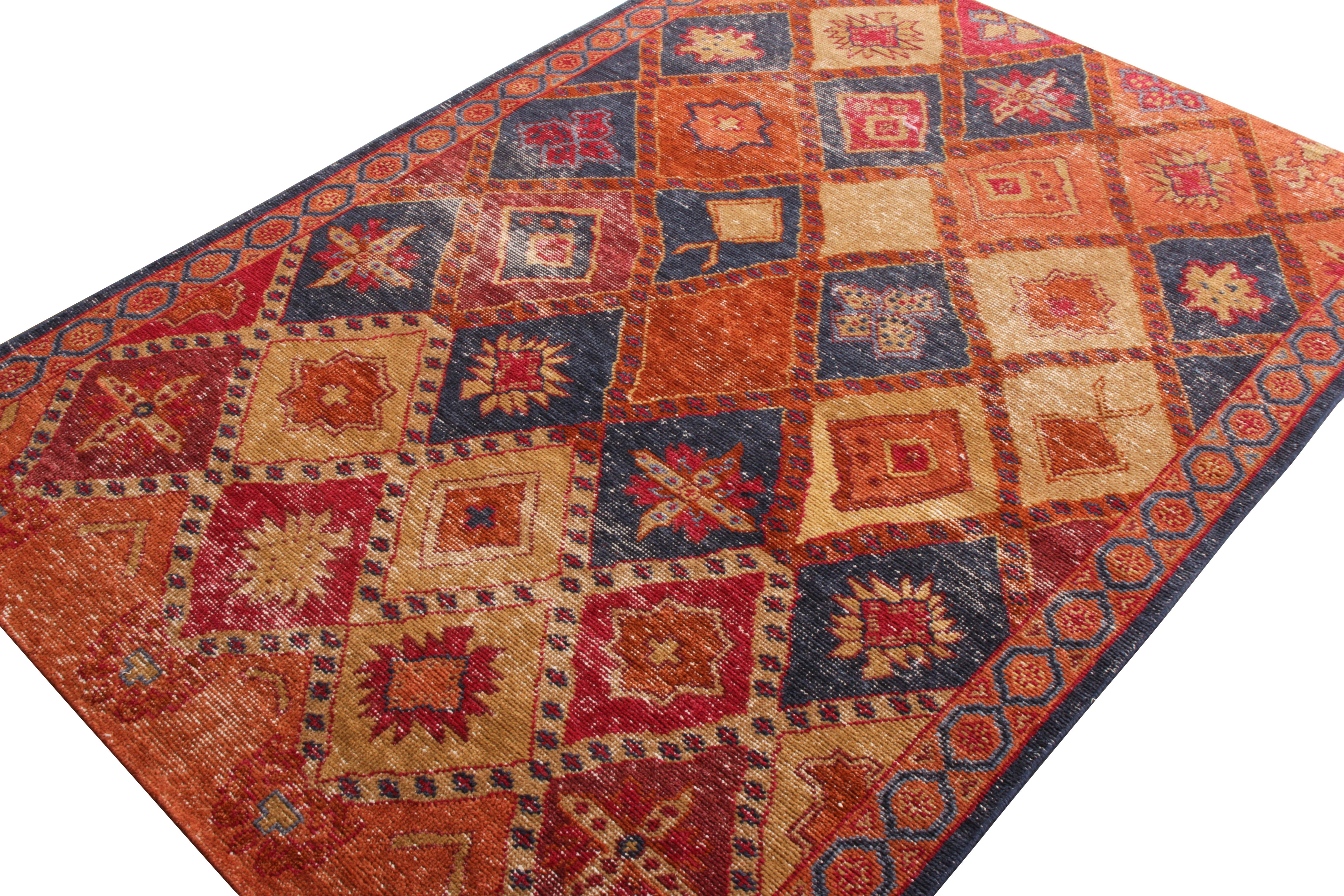 Other Rug & Kilim’s Distressed Style Custom Rug in Orange and Blue Geometric Pattern For Sale