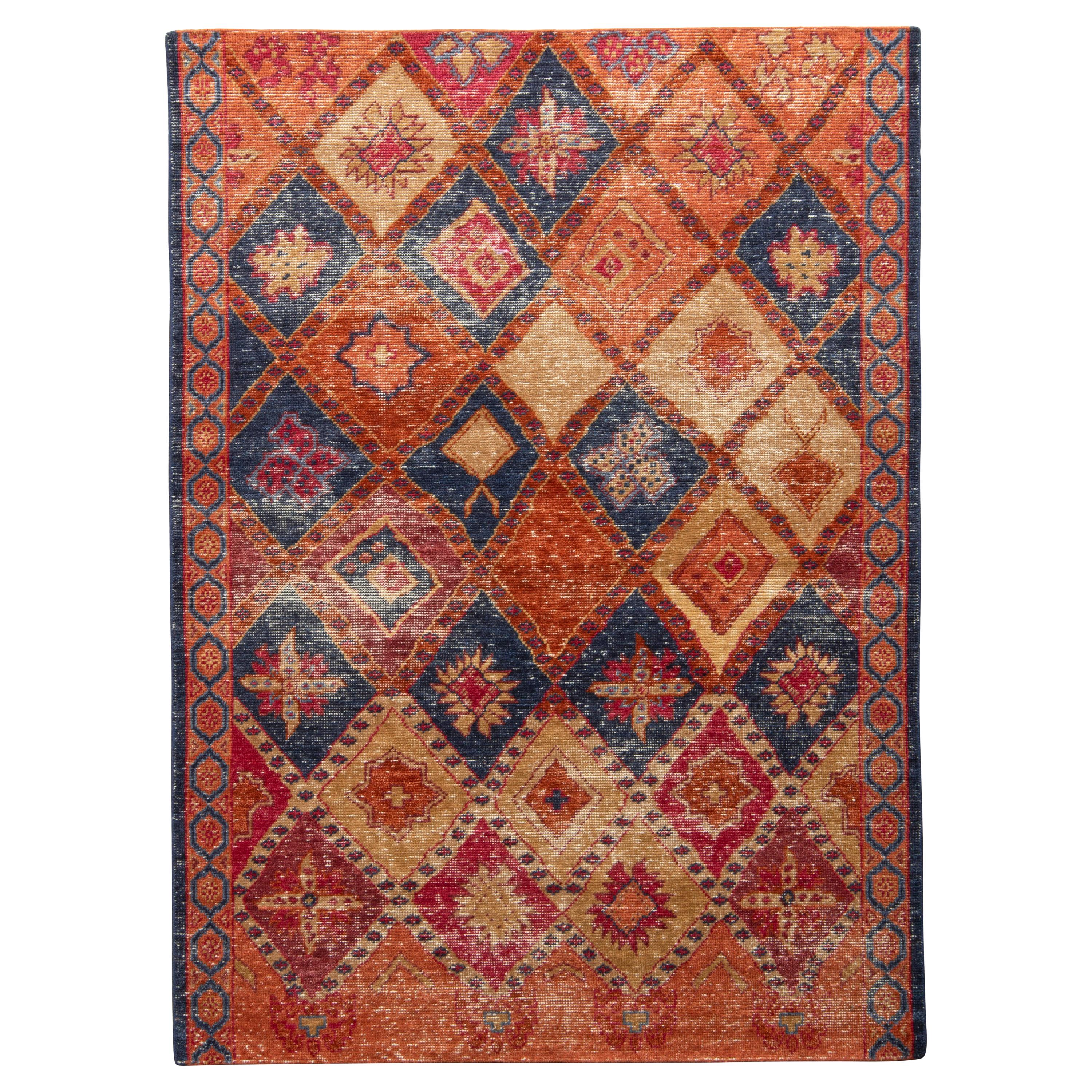 Rug & Kilim’s Distressed Style Custom Rug in Orange and Blue Geometric Pattern For Sale