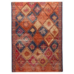 Rug & Kilim’s Distressed Style Custom Rug in Orange and Blue Geometric Pattern