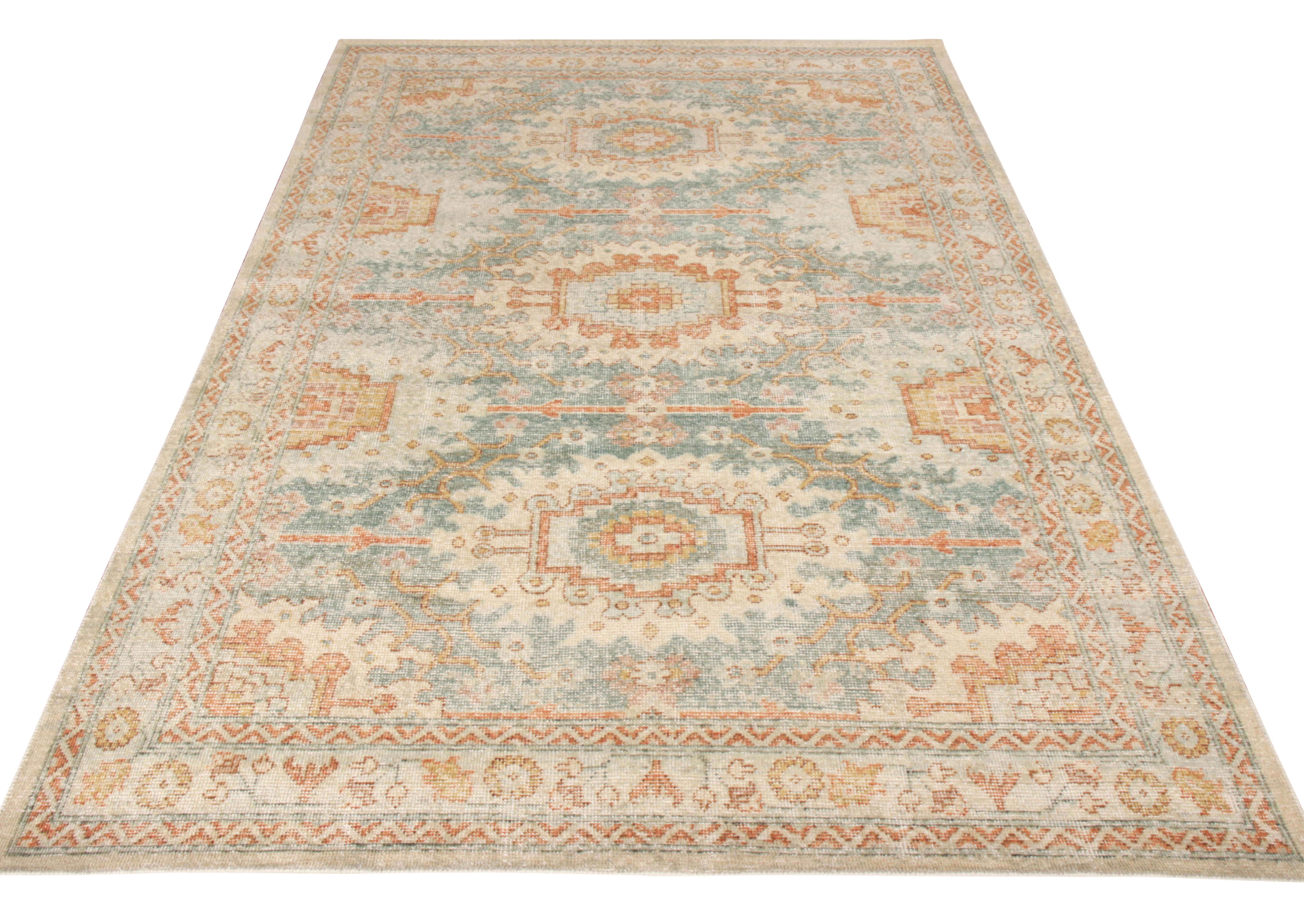 Hand knotted in wool, an ode to classic style, Rug & Kilim presents this custom rug from its Homage collection. A 6x9 piece of sheer magnificence, the rug makes a distressed take on traditional style while filling the field with a dense geometric