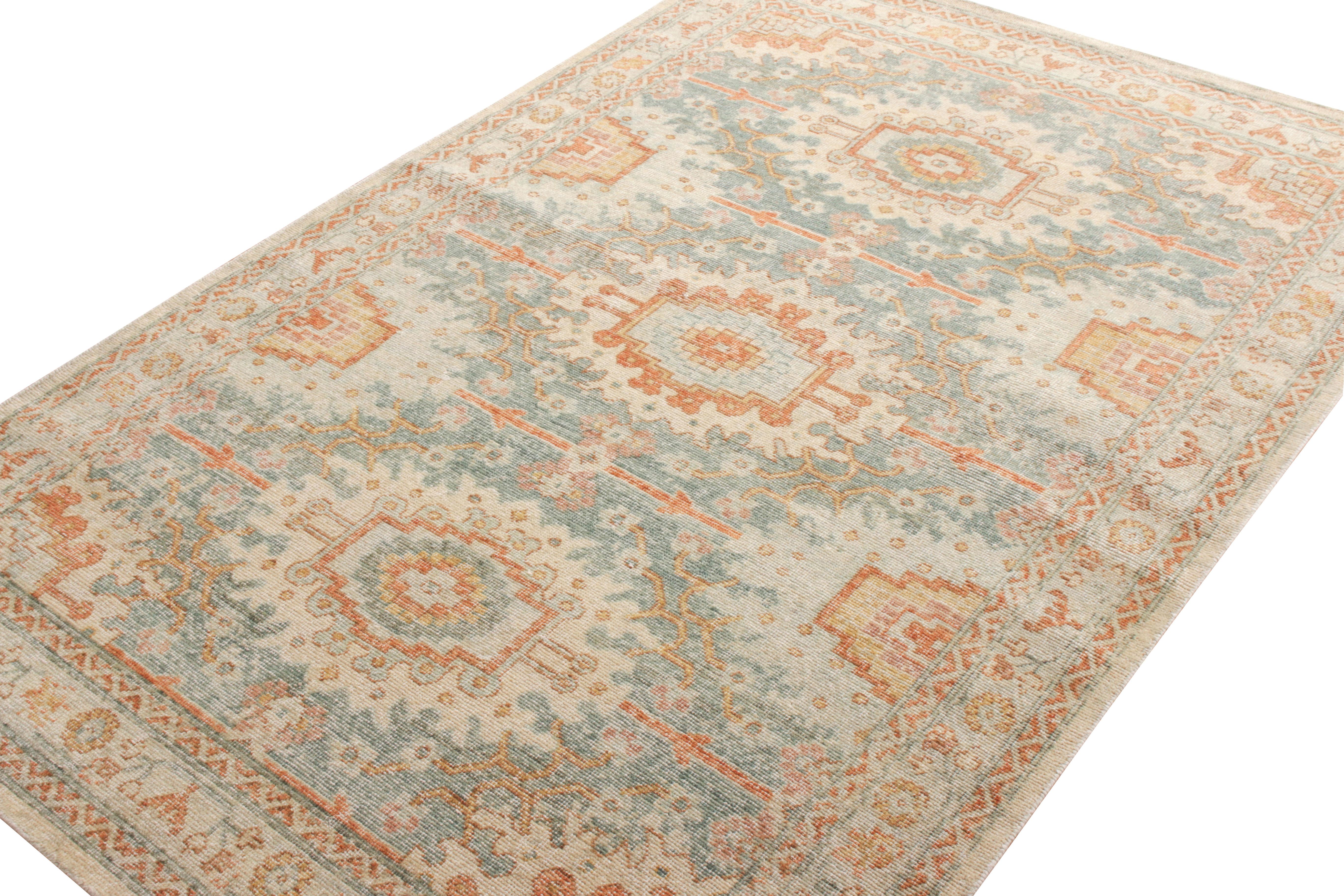 Other Rug & Kilim’s Distressed Style Custom Rug in Orange, Blue Geometric Pattern For Sale