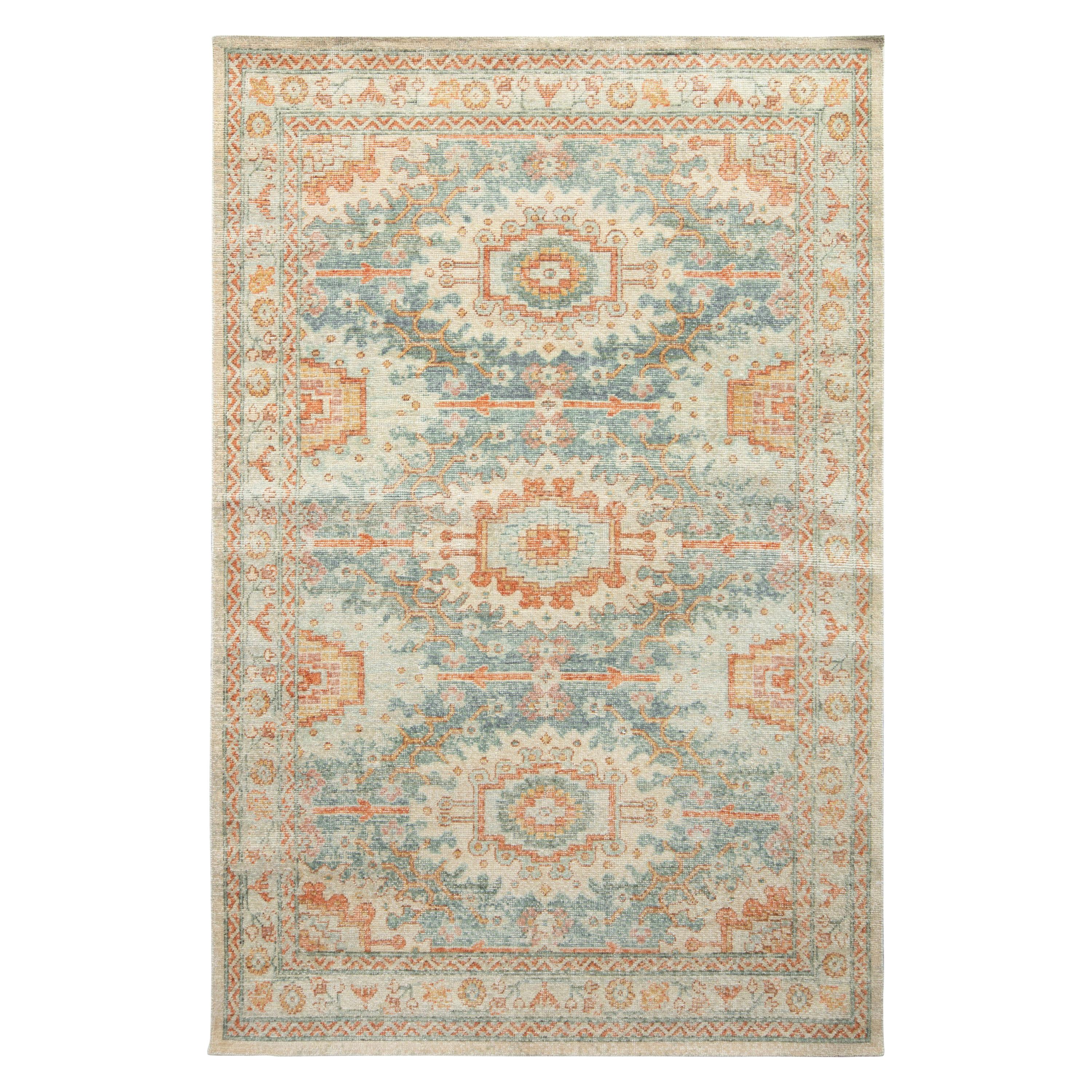 Rug & Kilim's Distressed Style Custom Rug in Orange, Blue Geometric Pattern (tapis personnalisé de style vieilli avec motifs géométriques orange et bleus) en vente