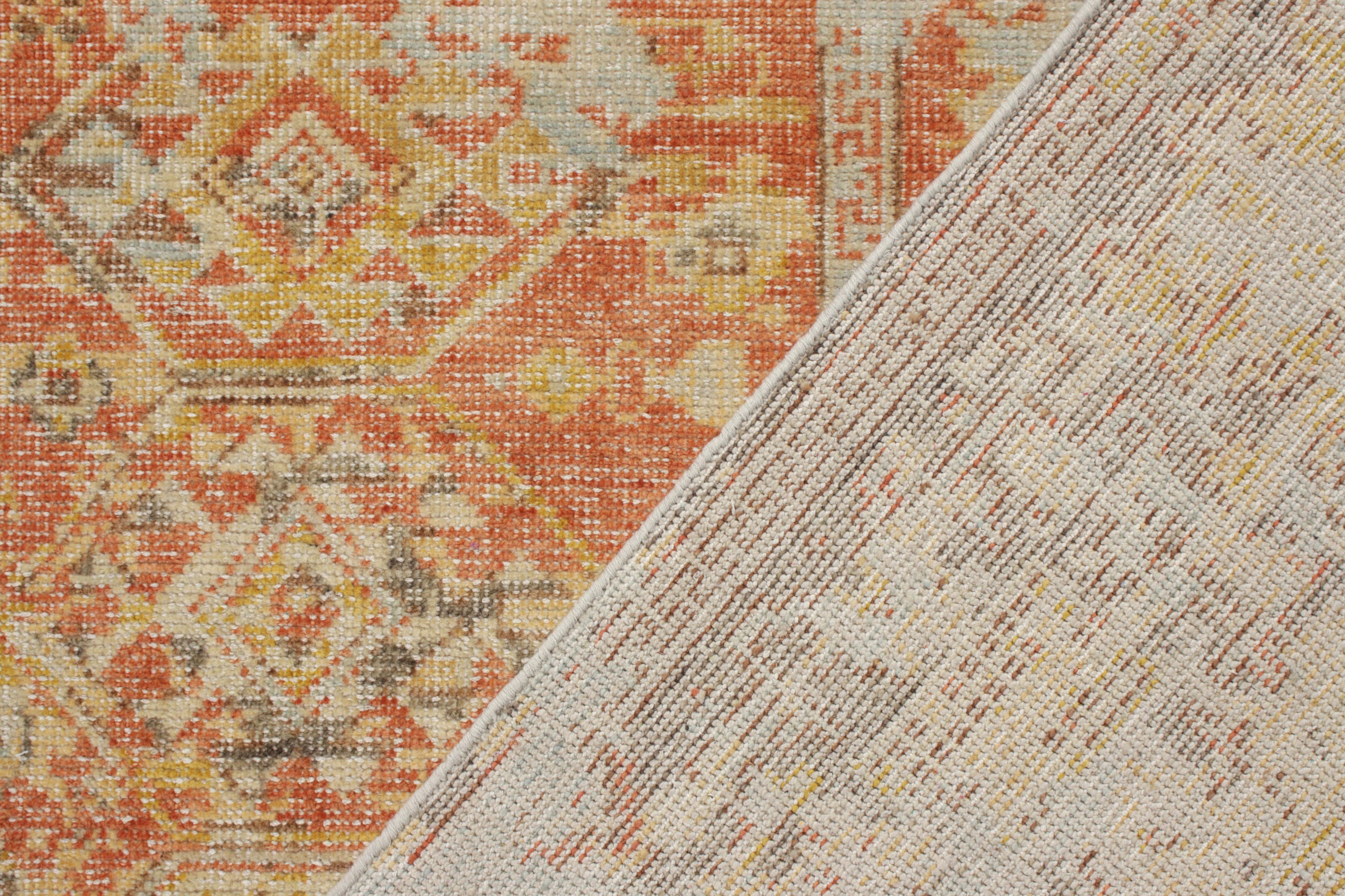 Hand-Knotted Rug & Kilim’s Distressed Style Custom Rug in Orange, Grey, Yellow Geometric For Sale
