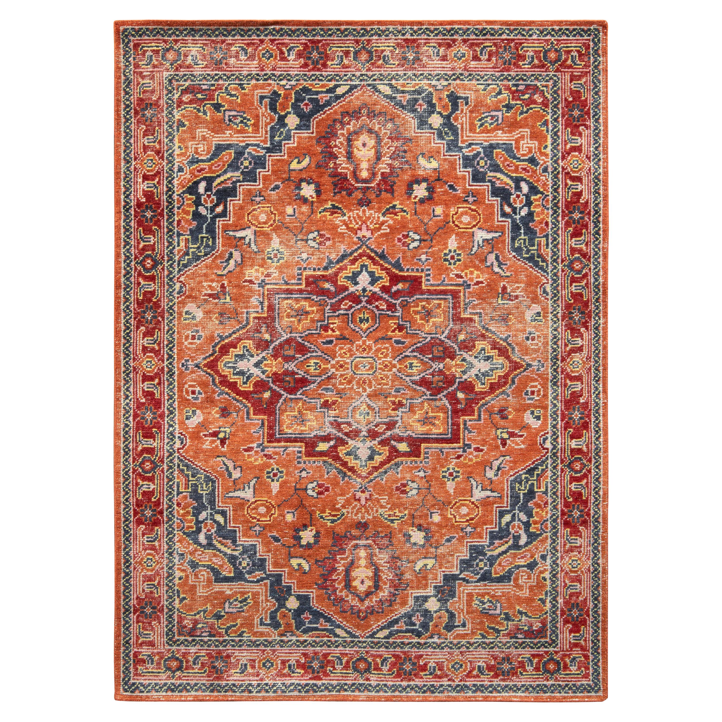 Rug & Kilim’s Distressed Style Custom Rug in Orange, Red Medallion Pattern For Sale