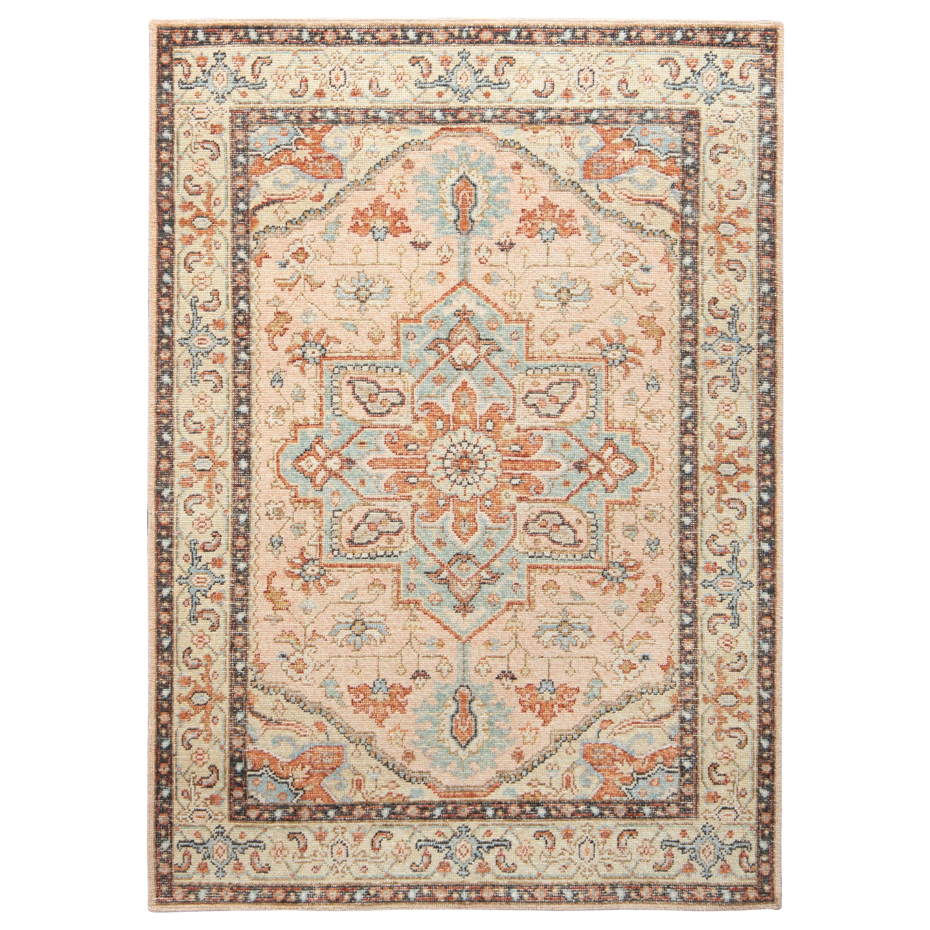 Alfombra personalizada de estilo envejecido de Rug & Kilim en rosa, diseño de medallón azul