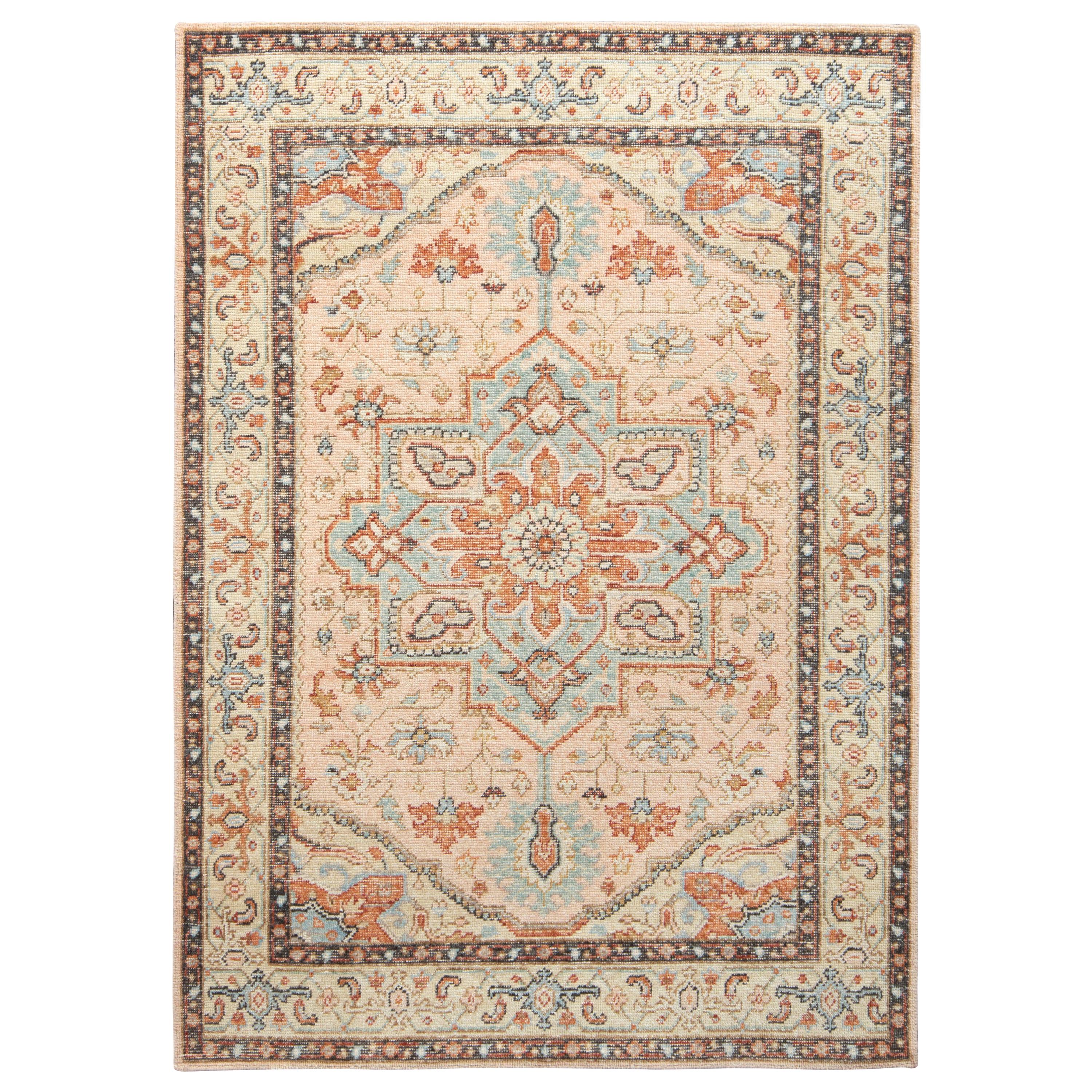 Rug & Kilim’s Distressed Style Custom Rug in Pink, Blue Medallion Pattern For Sale