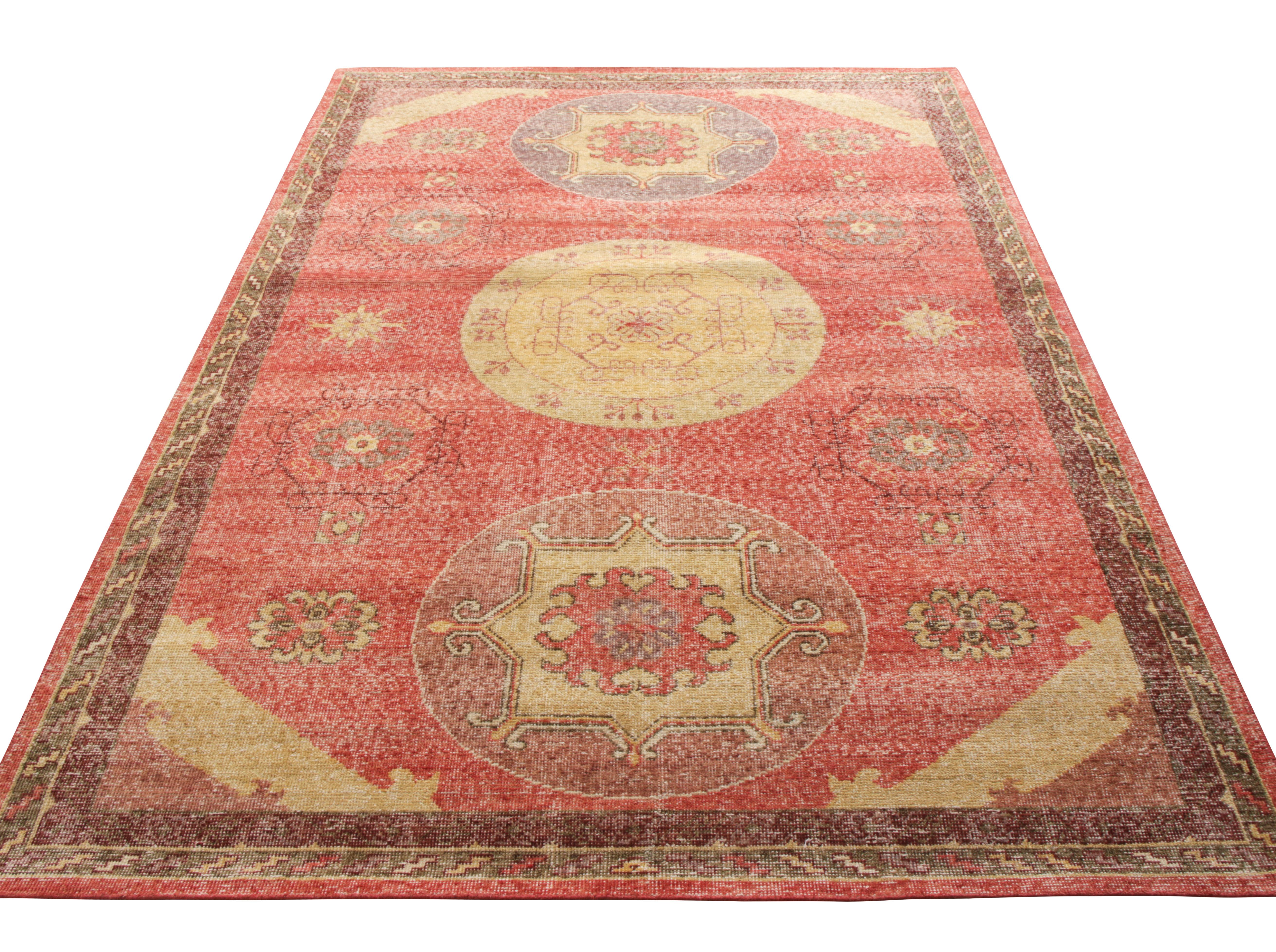 A rich hand knotted wool custom rug design from Rug & Kilim’s Homage Collection. Exemplified in this 6x9 edition, this distressed style rug witnesses a cheerful play of red and beige-gold tones gracefully complimenting the intricate medallion