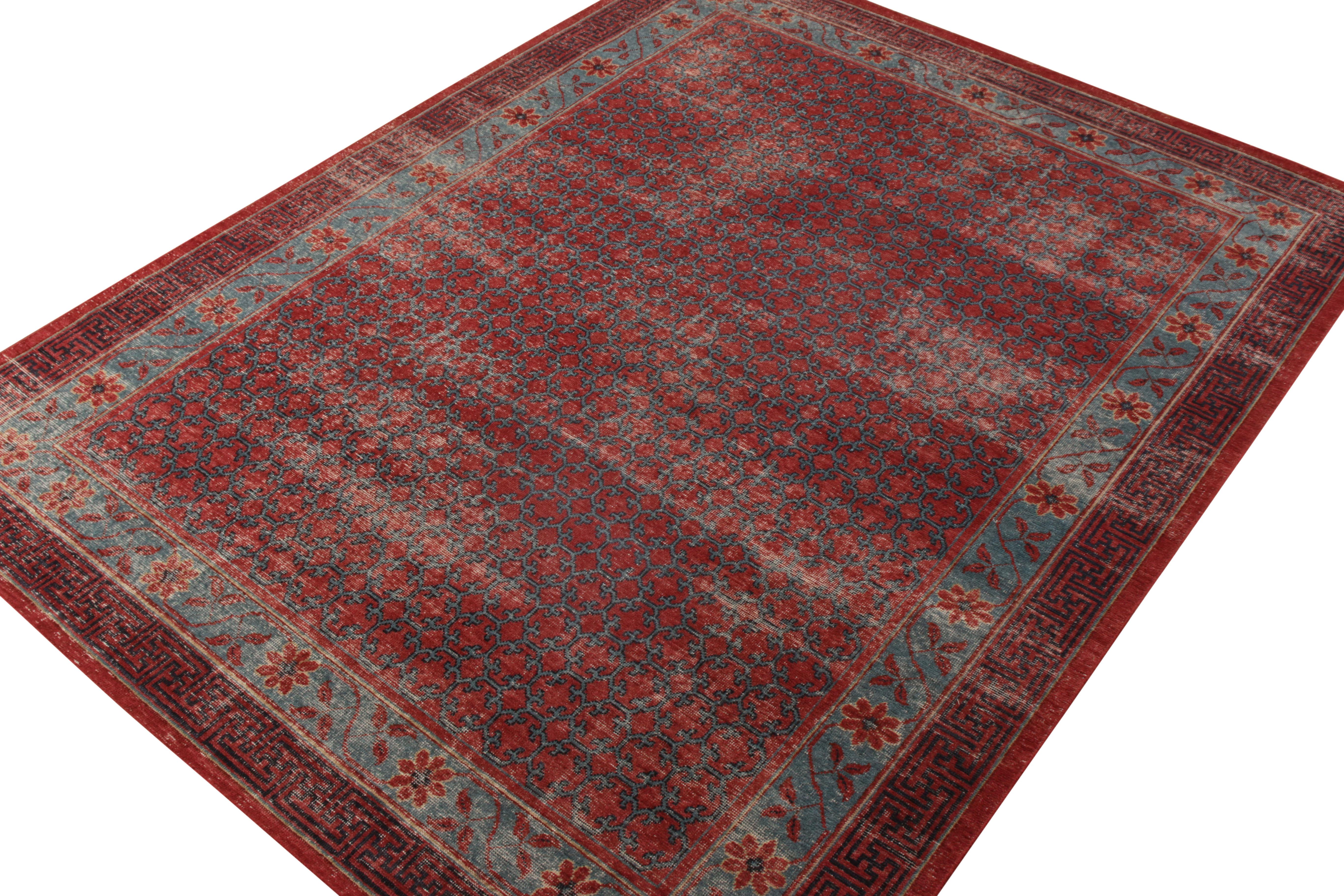 Khotan Rug & Kilim’s Distressed Style Custom Rug Red and Blue Trellis Pattern For Sale