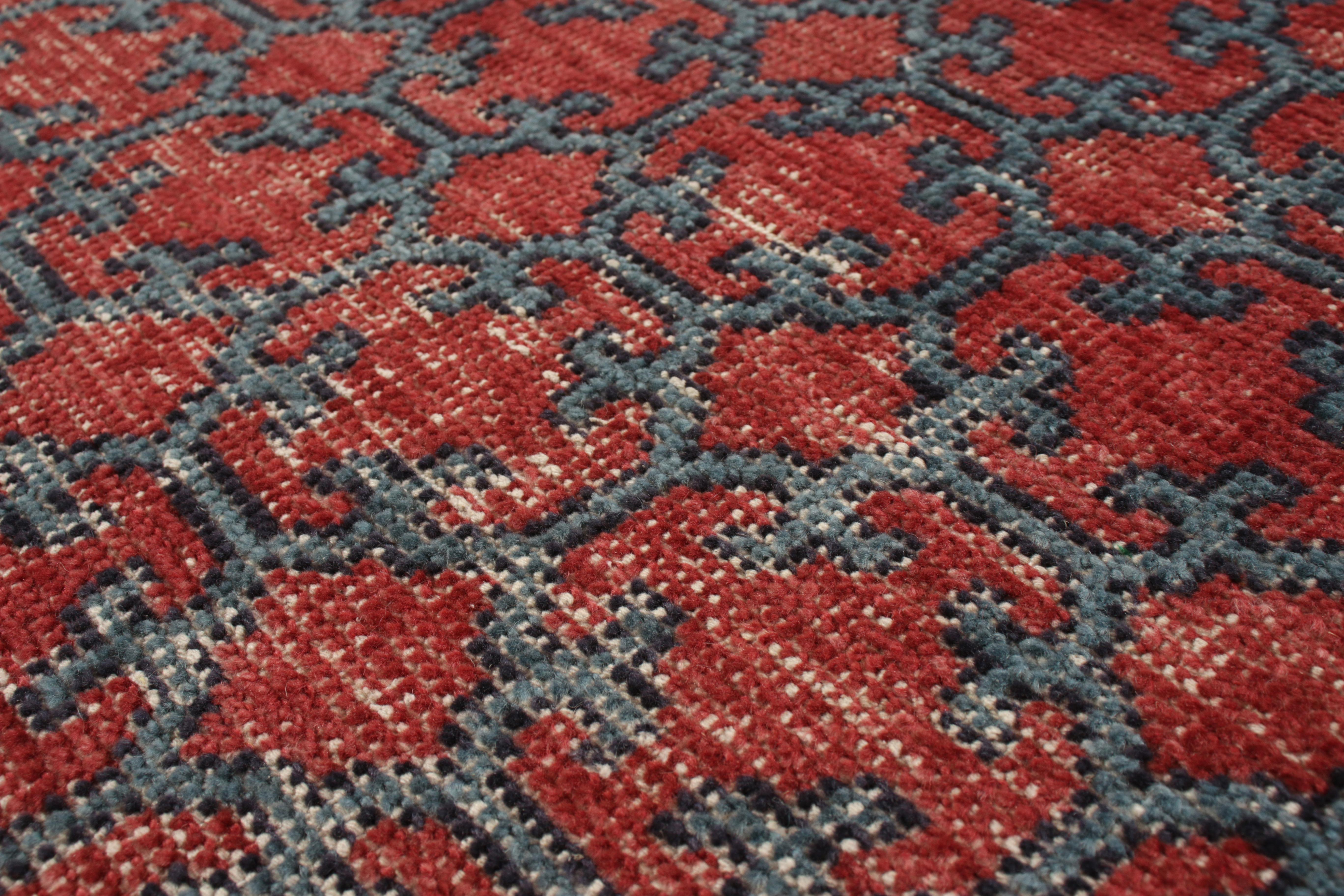 Indian Rug & Kilim’s Distressed Style Custom Rug Red and Blue Trellis Pattern For Sale