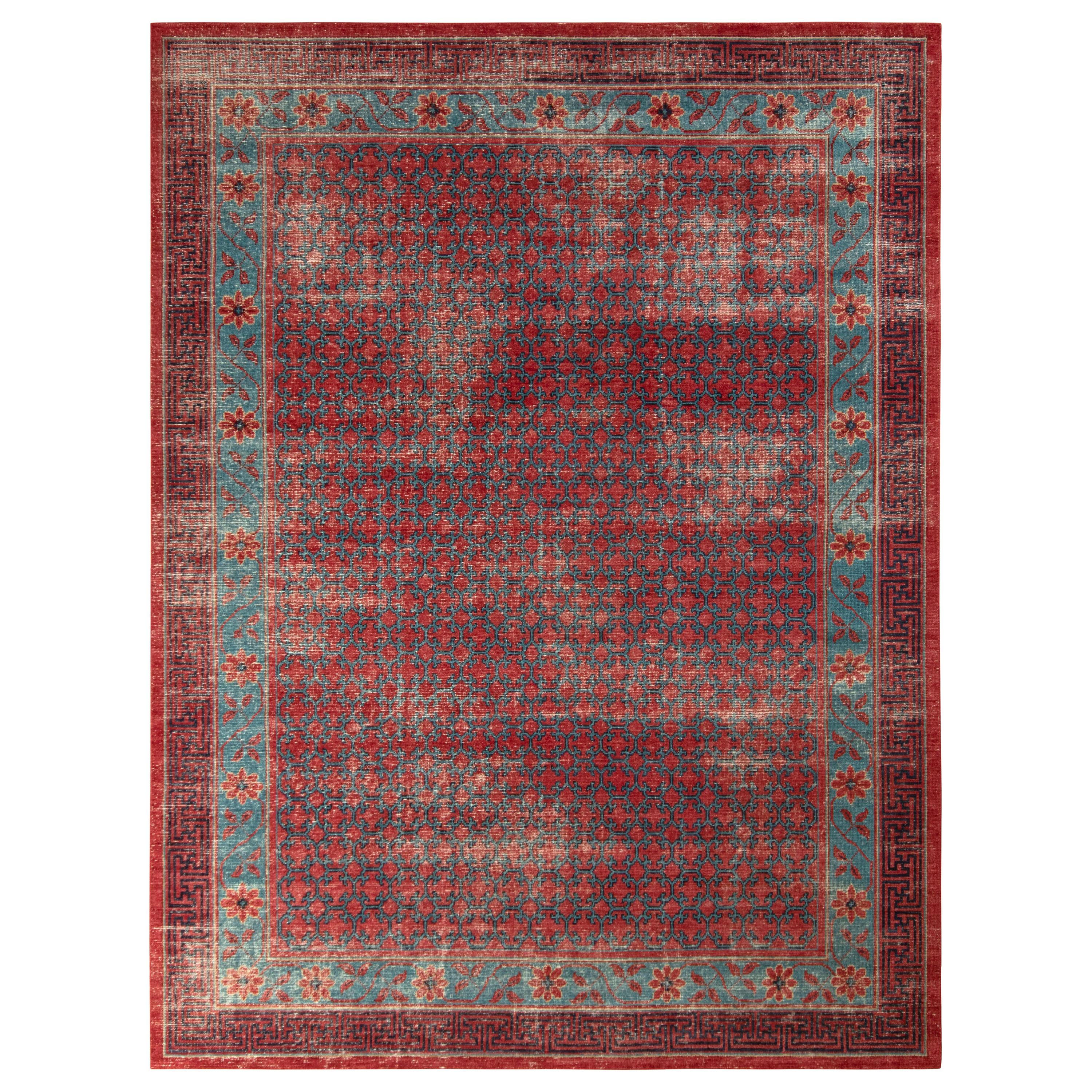 Rug & Kilim’s Distressed Style Custom Rug Red and Blue Trellis Pattern For Sale