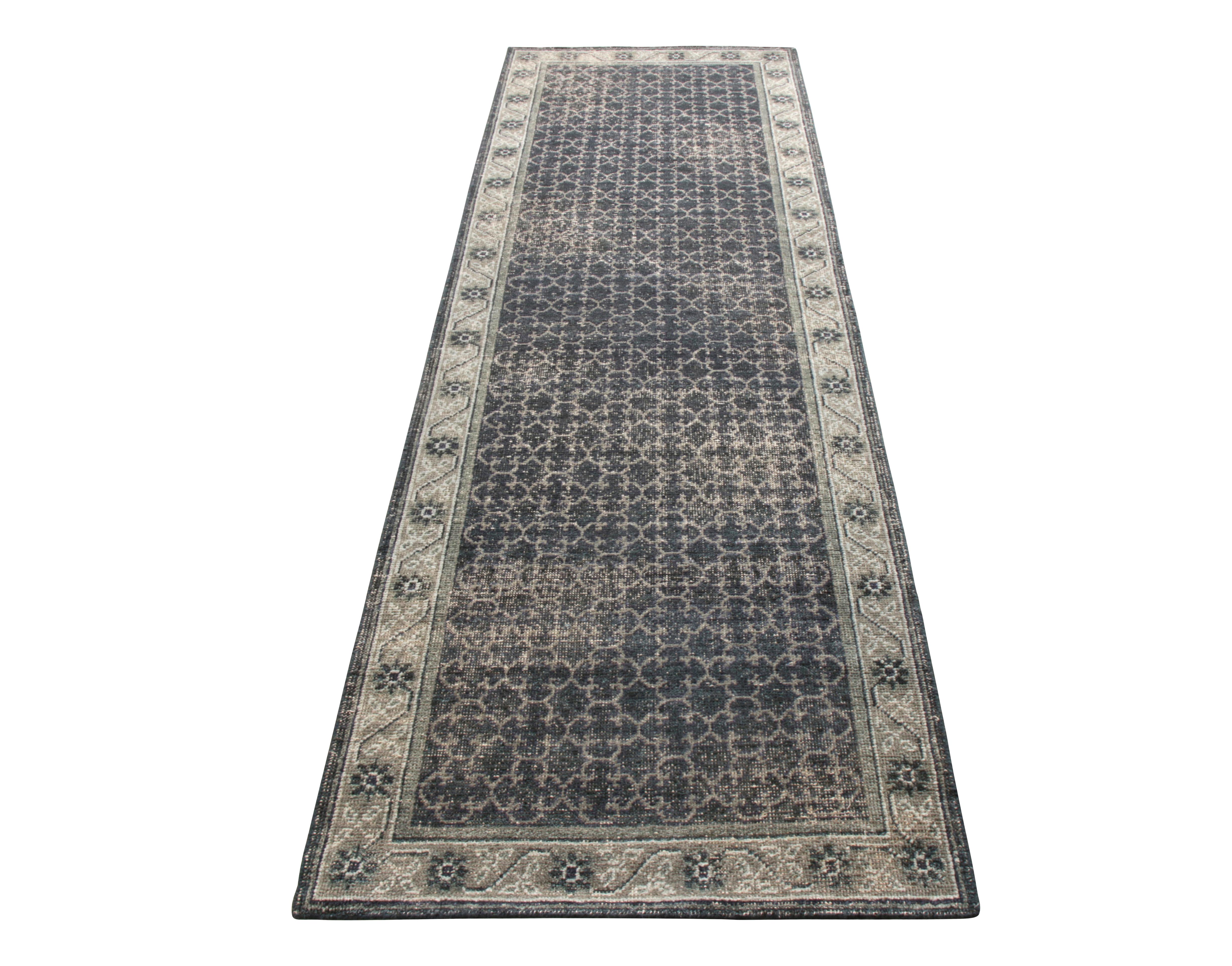 An ostentatious custom runner from Rug & Kilim’s Homage Collection. This 3 x 10 boasts a calming personality in a soothing blue colorway that elegantly complements its intricate geometric pattern with subtle gray accent—sitting beautifully in this