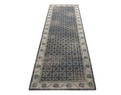 Rug & Kilim’s Distressed Style Custom Runner in Blue, Gray Geometric Pattern